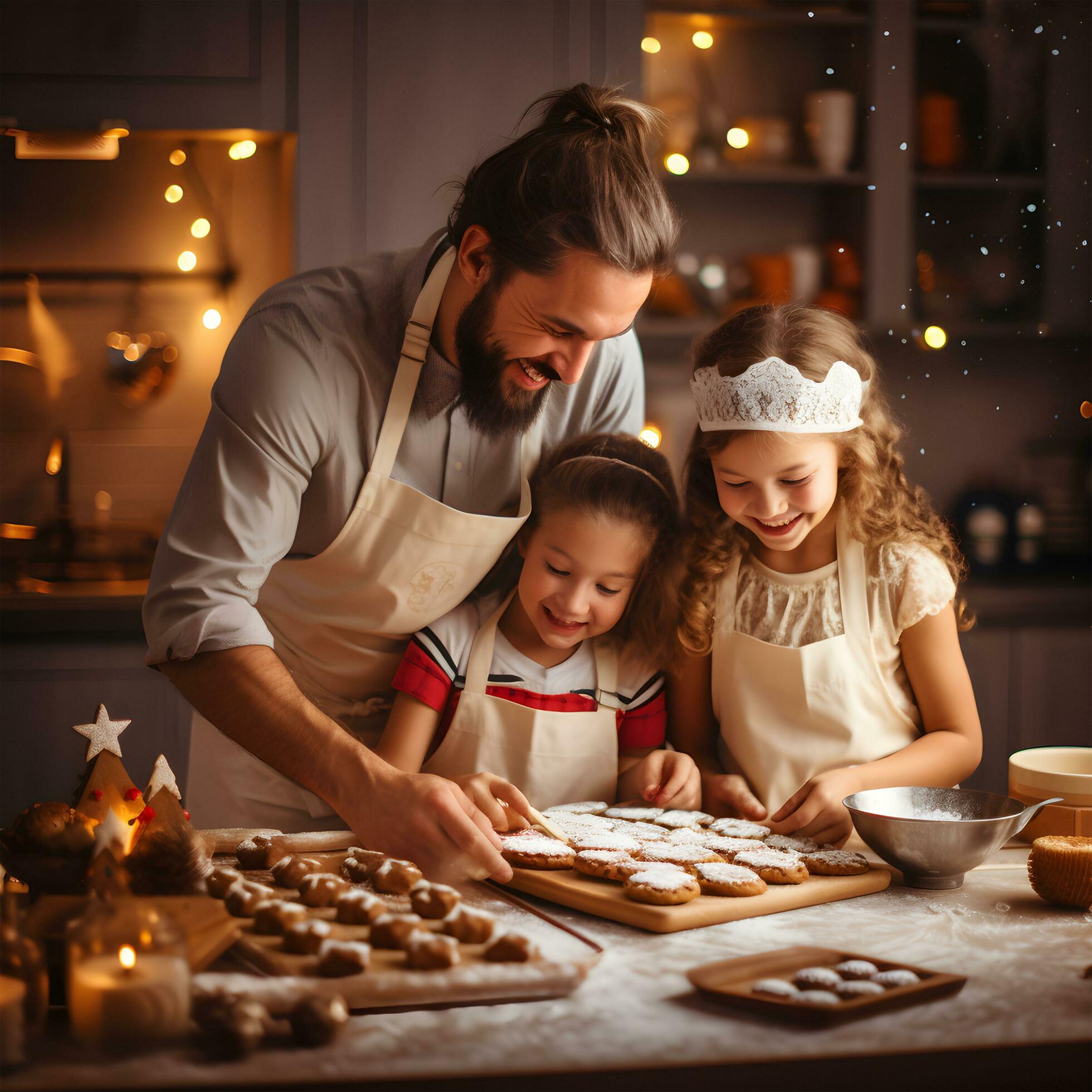 
									happy funny family dad and children bake christmas cookies on cozy kitchen at home. AI Generative Stock Free