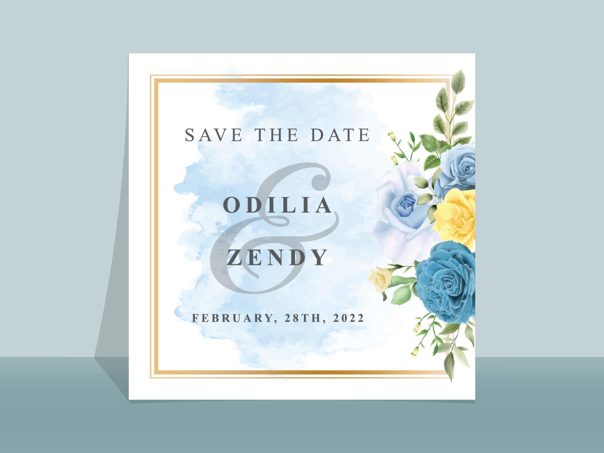 Wedding invitation card with beautiful blue and yellow flowers Stock Free