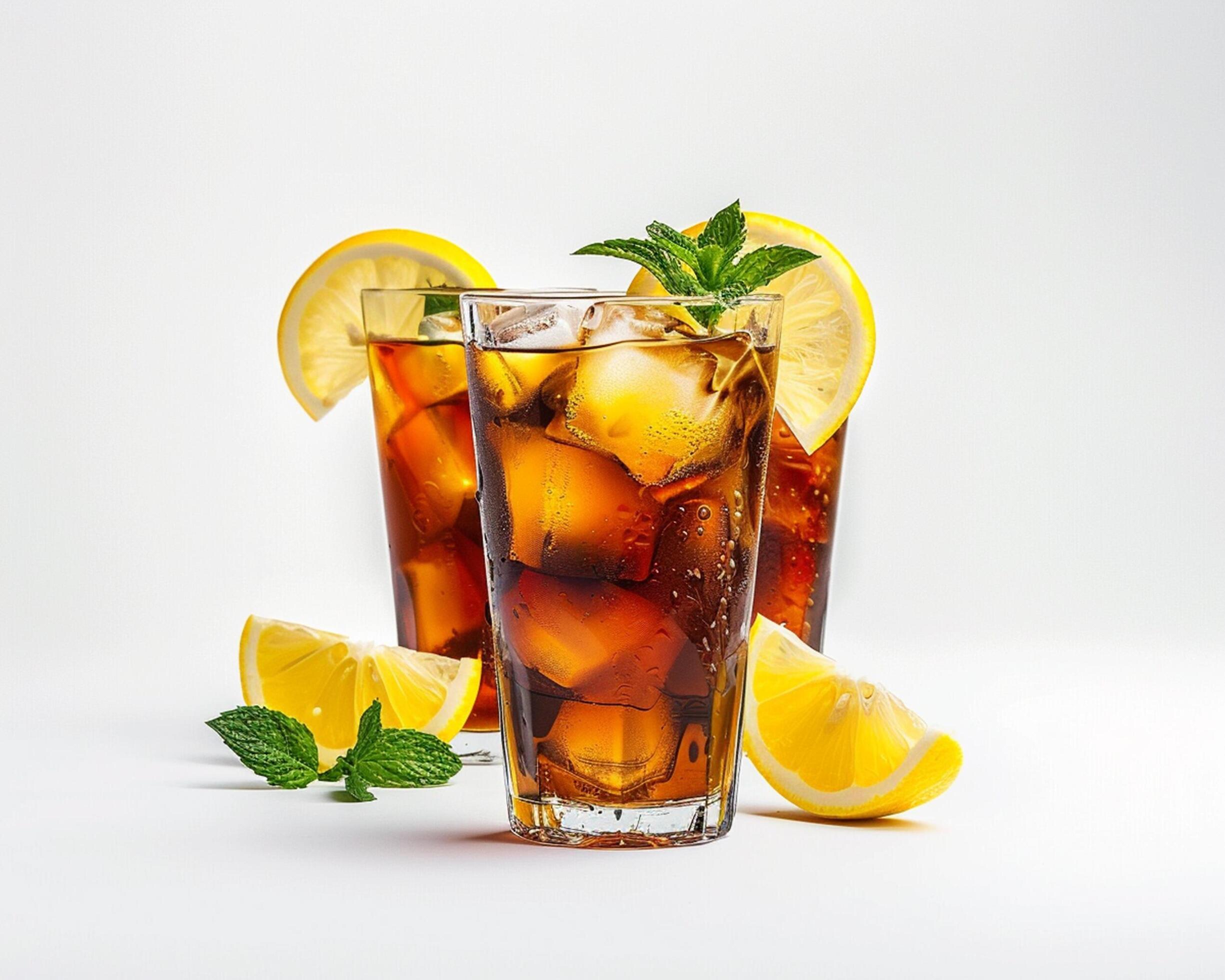 two glasses of iced tea with lemon slices and mint leaves Stock Free