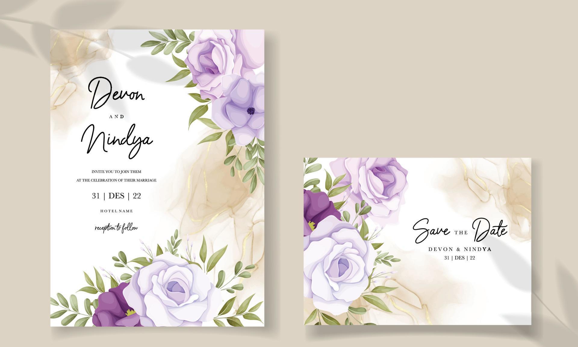 wedding invitation with pretty purple flowers Stock Free