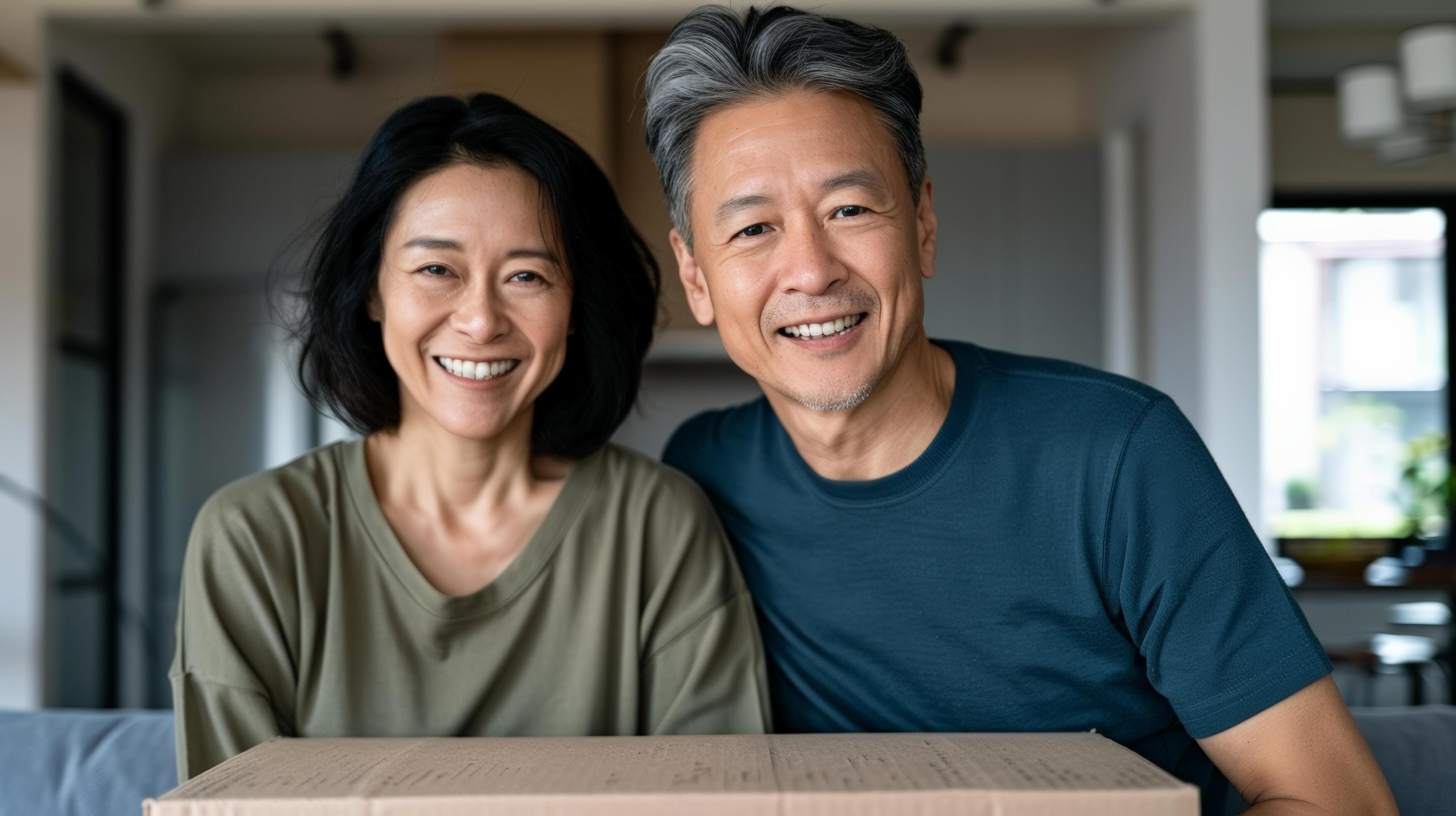 Happy middle-aged couple enjoying a moment together at home, sitting in a cozy living room with a box in front of them. Stock Free