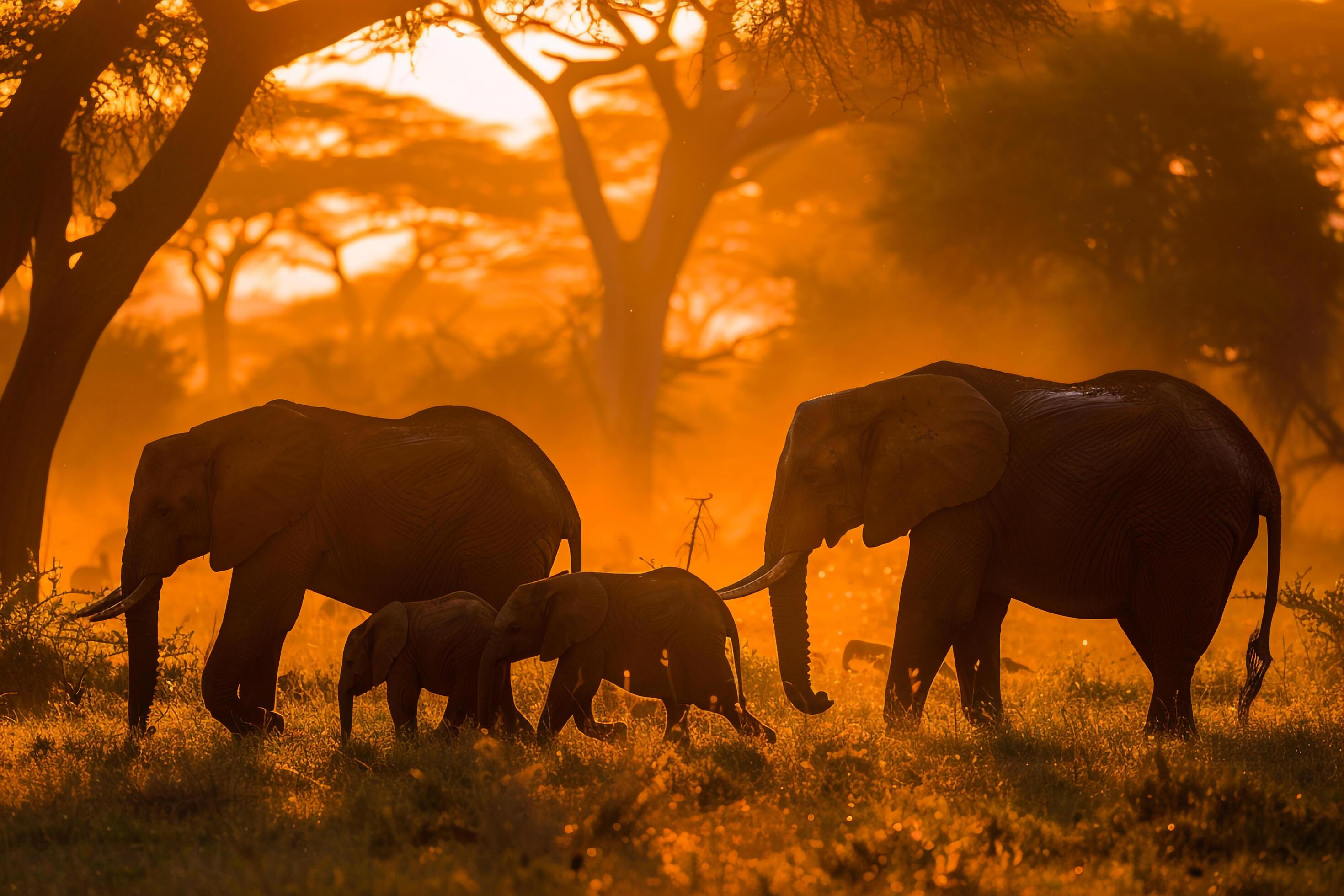 A family of elephants roaming the savanna at sunset. Nature. Background Stock Free