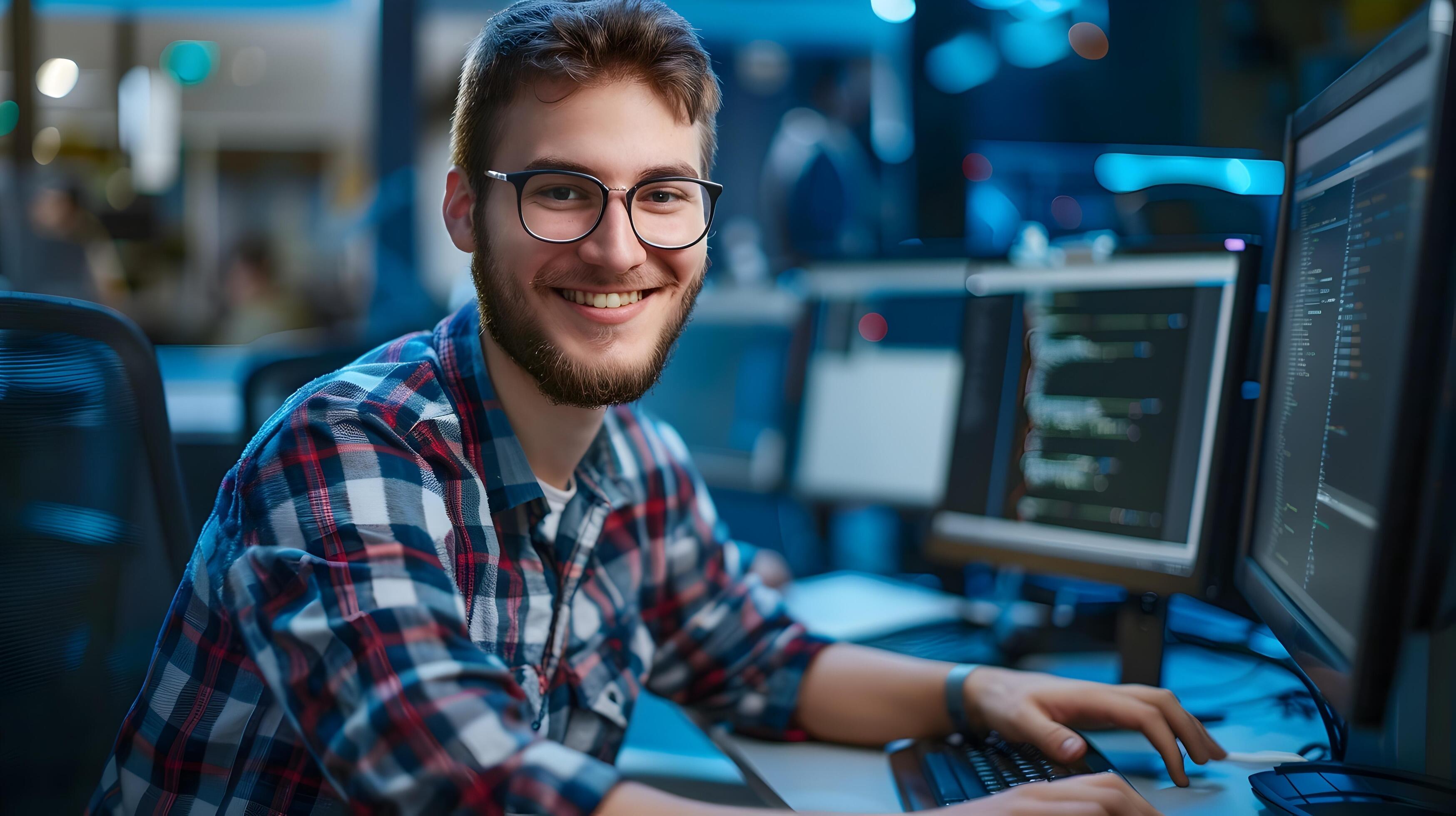 Smiling Young IT Professional Working on Computer in Modern Office Stock Free