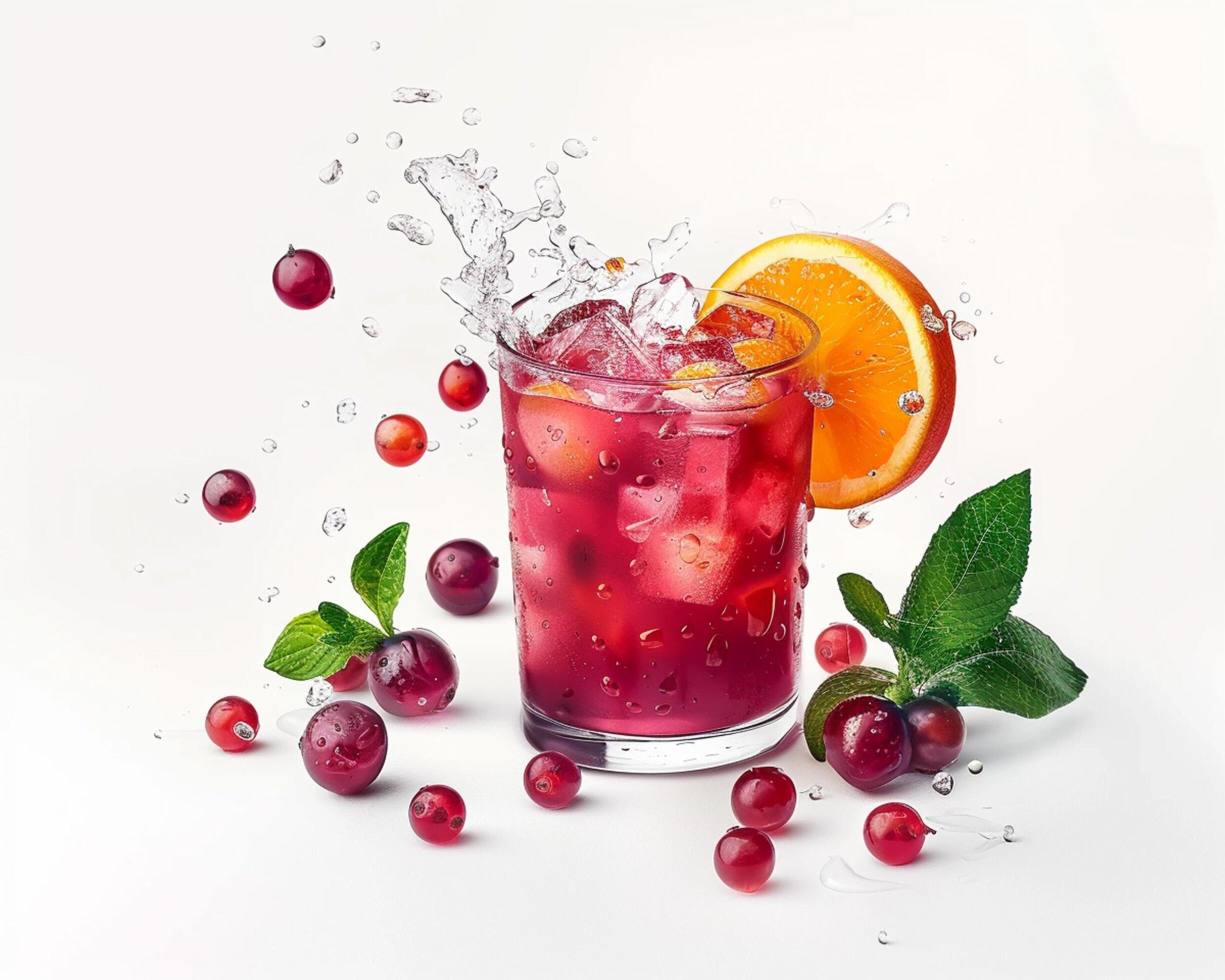 a glass of cranberry juice with a splash of water Stock Free