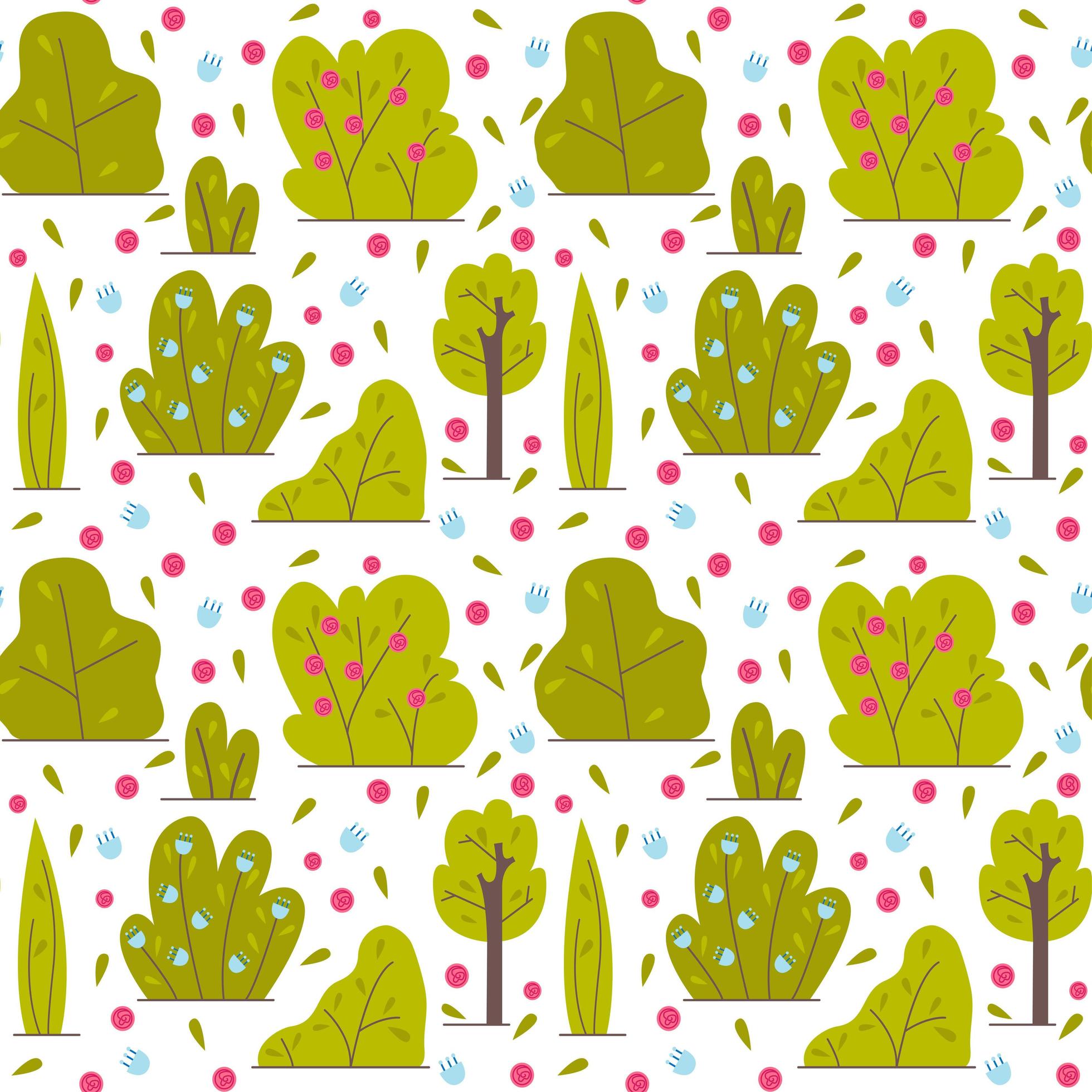 Bushes and trees, with flowers. Floral design for patterns or postcards. Foliage, green spaces. Flat vector illustration Stock Free