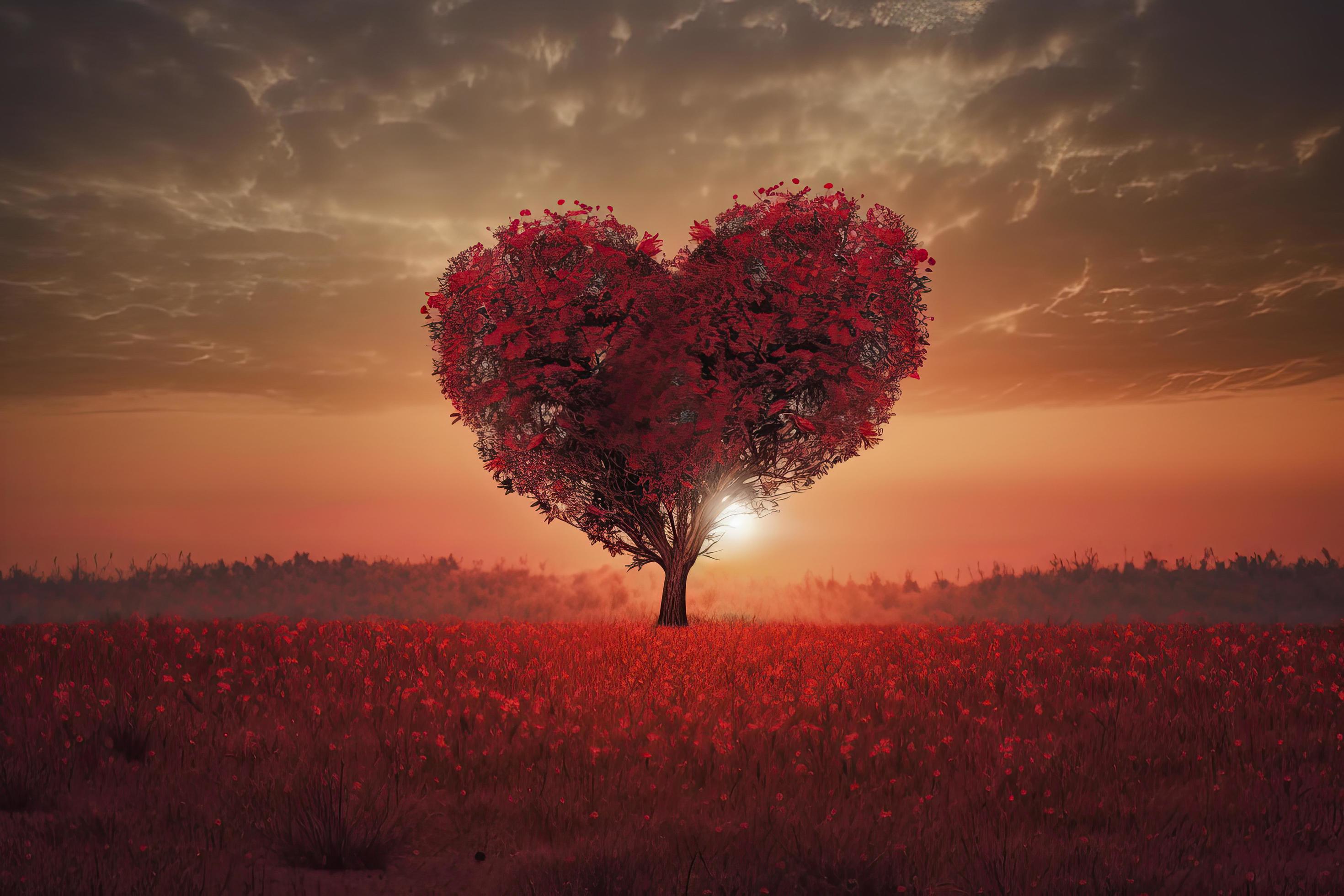 Heart Tree Love For Nature Red Landscape At Sunset Stock Free