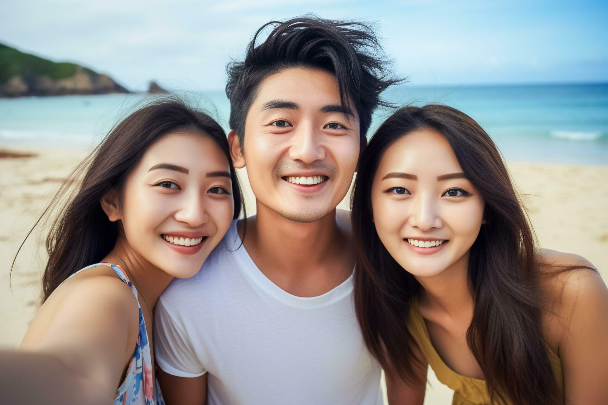 Asian group of friends smiling posing for photo. with blue sky and nature background. AI Generated Free Photo