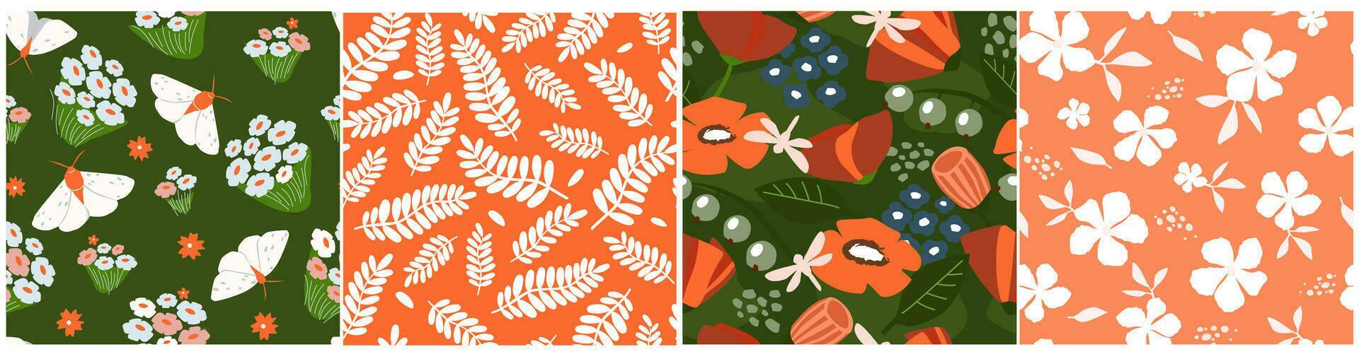 A set of seamless patterns with flowers, butterflies, leaves, berries, abstract simple shapes. Summer natural bright print. Vector graphics. Stock Free