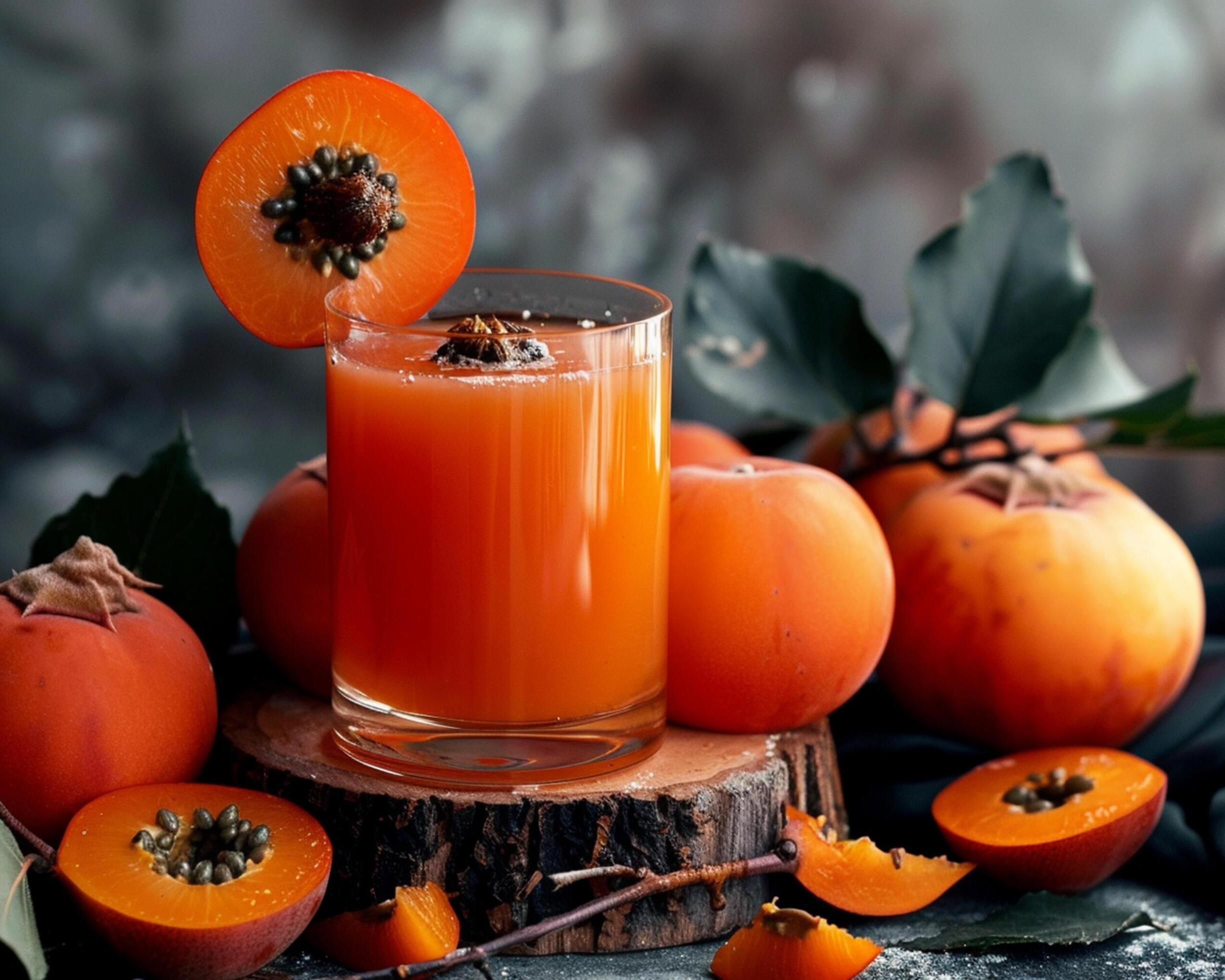 a glass of orange juice with some persimmons Stock Free