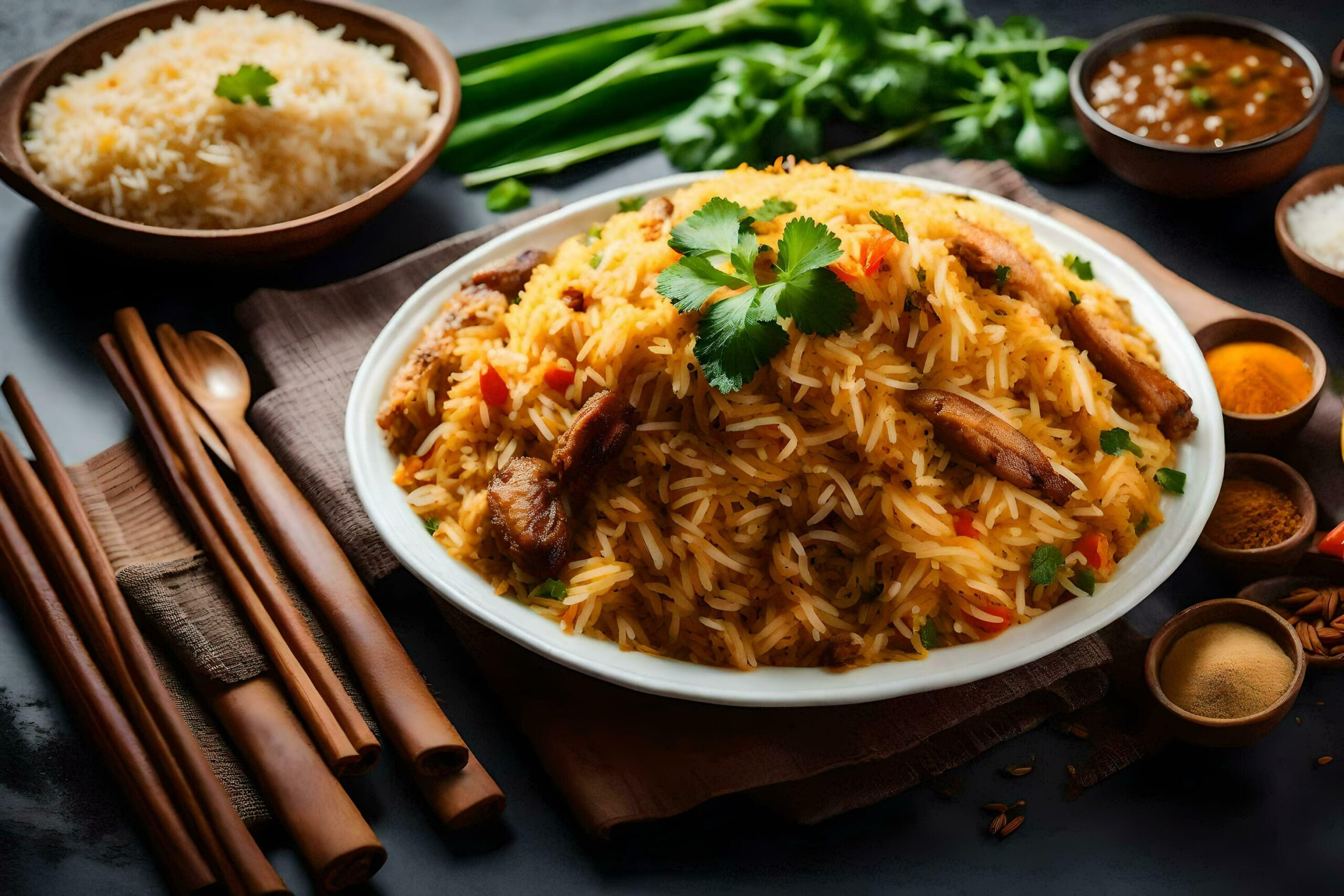 chinese food in a bowl with chopsticks and spices Free Photo