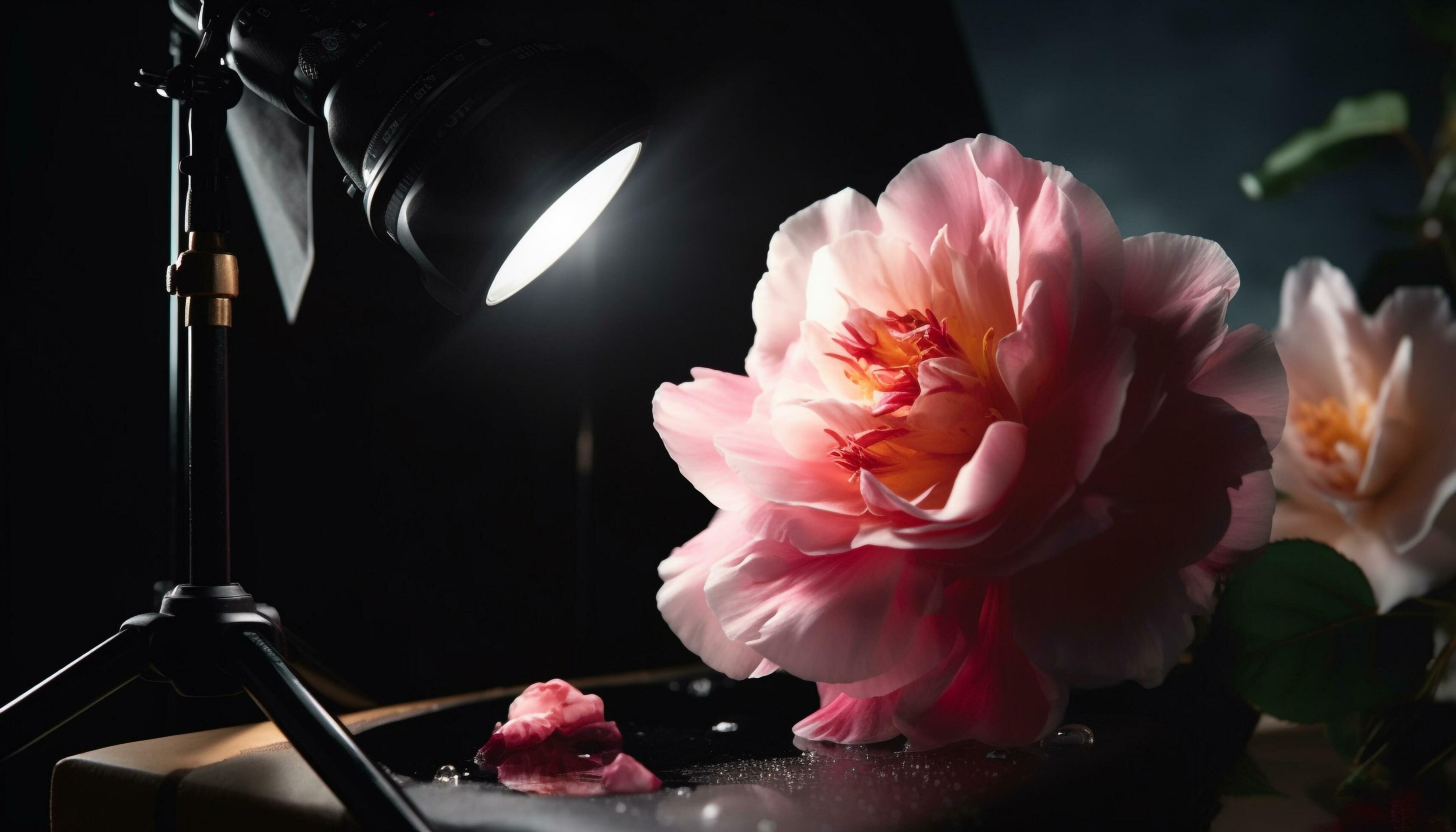 A single flower in a vase, illuminated by electric lamp generated by AI Stock Free