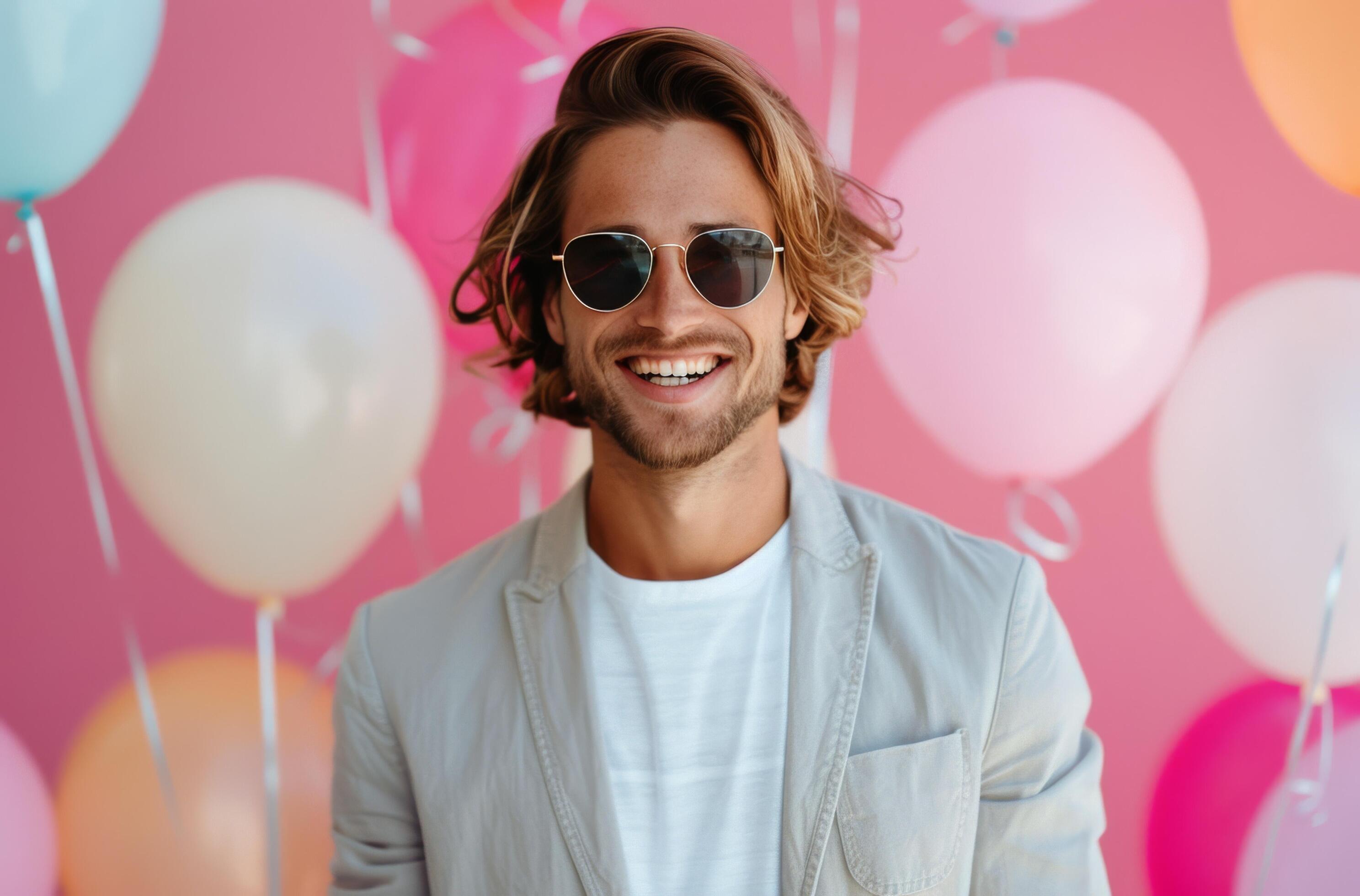 Young Man Smiling in Sunglasses With Colorful Balloons on a Pink Background Stock Free