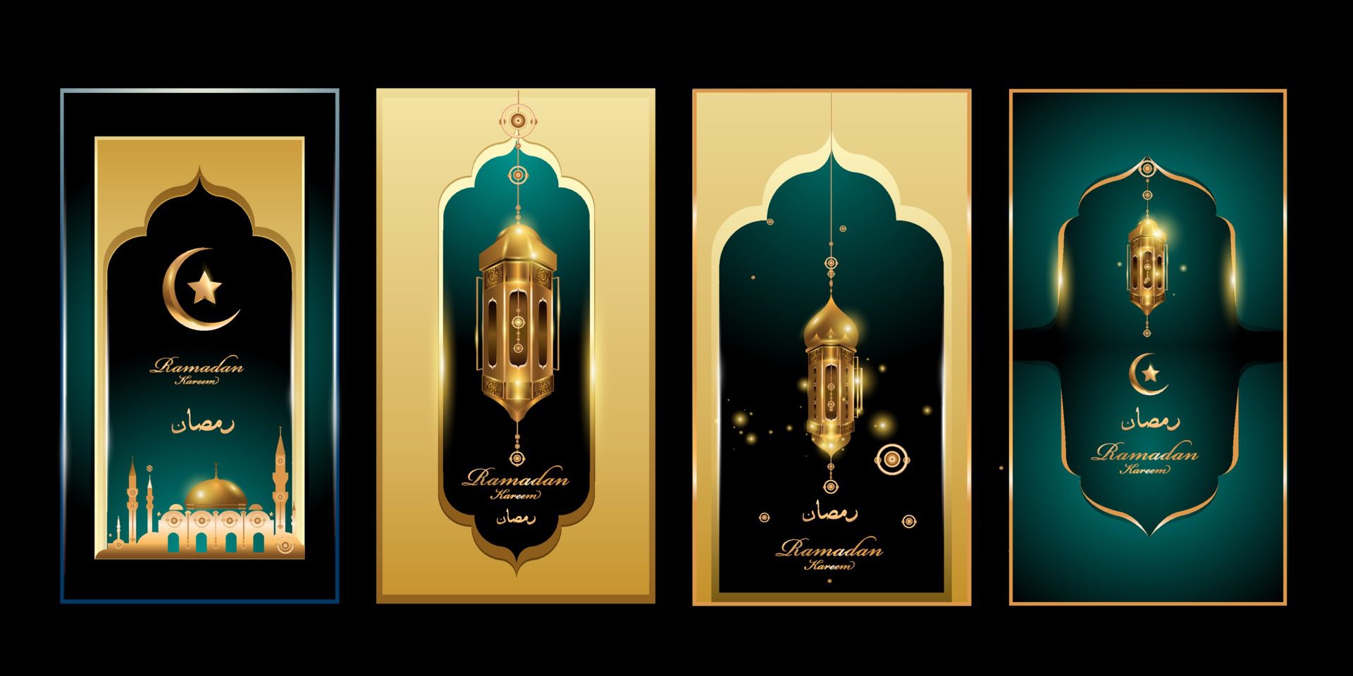 Ramadan Kareem in green and gold color with lantern and mosque illustration for banner, greeting, and social media Free Vector