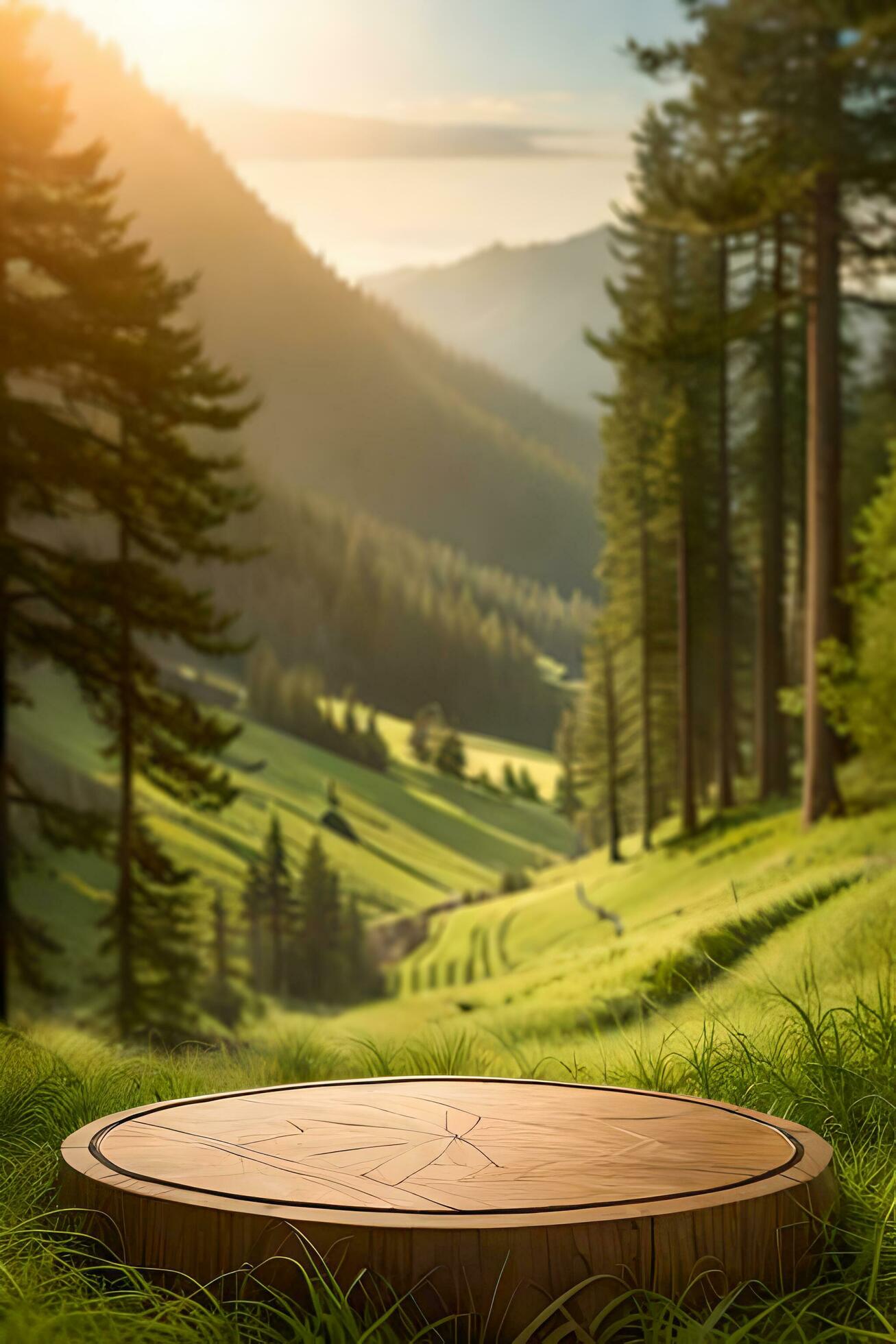 A rustic wood table in the middle of a nature background for product Display Stock Free