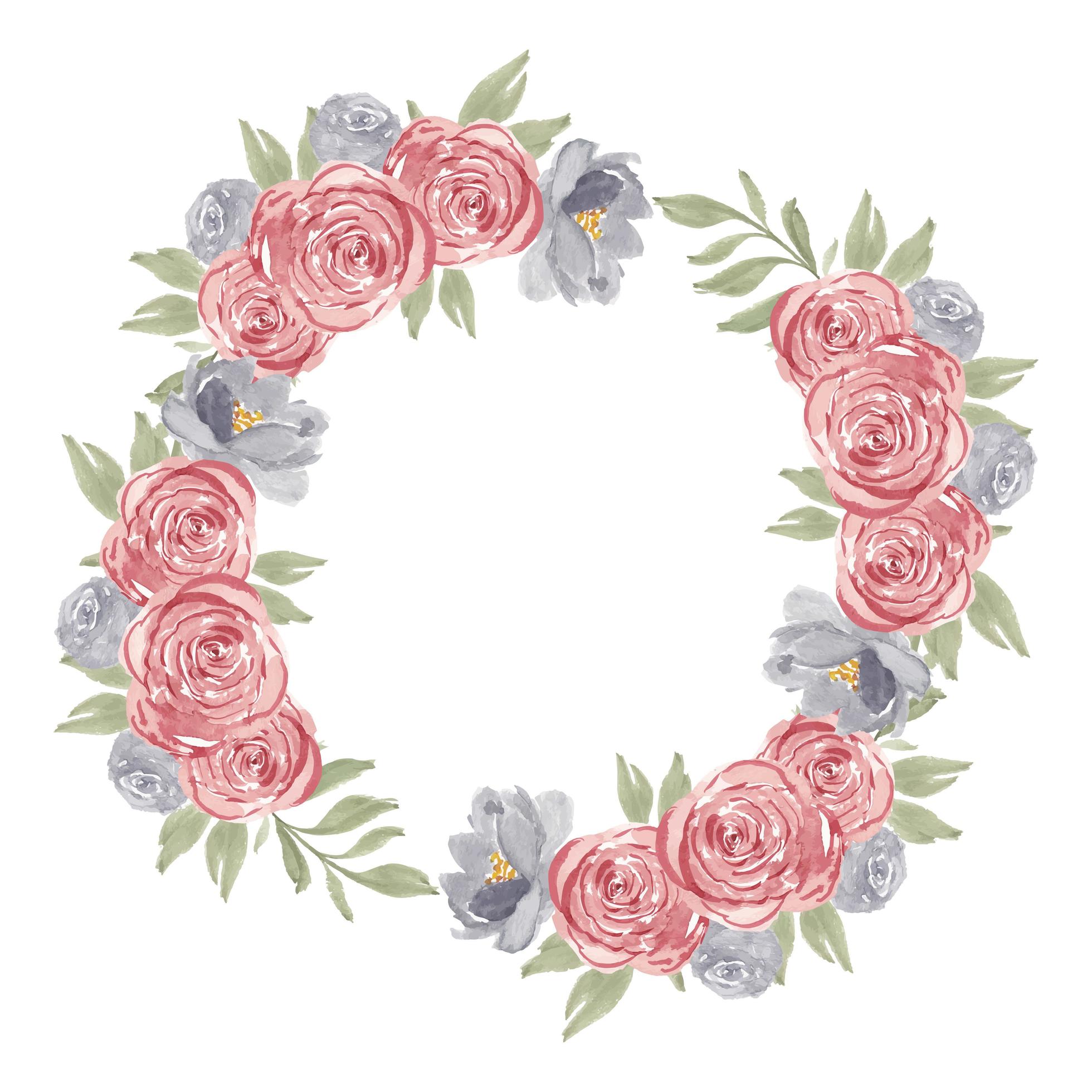 Watercolor pink rose flower circle frame wreath Stock Free