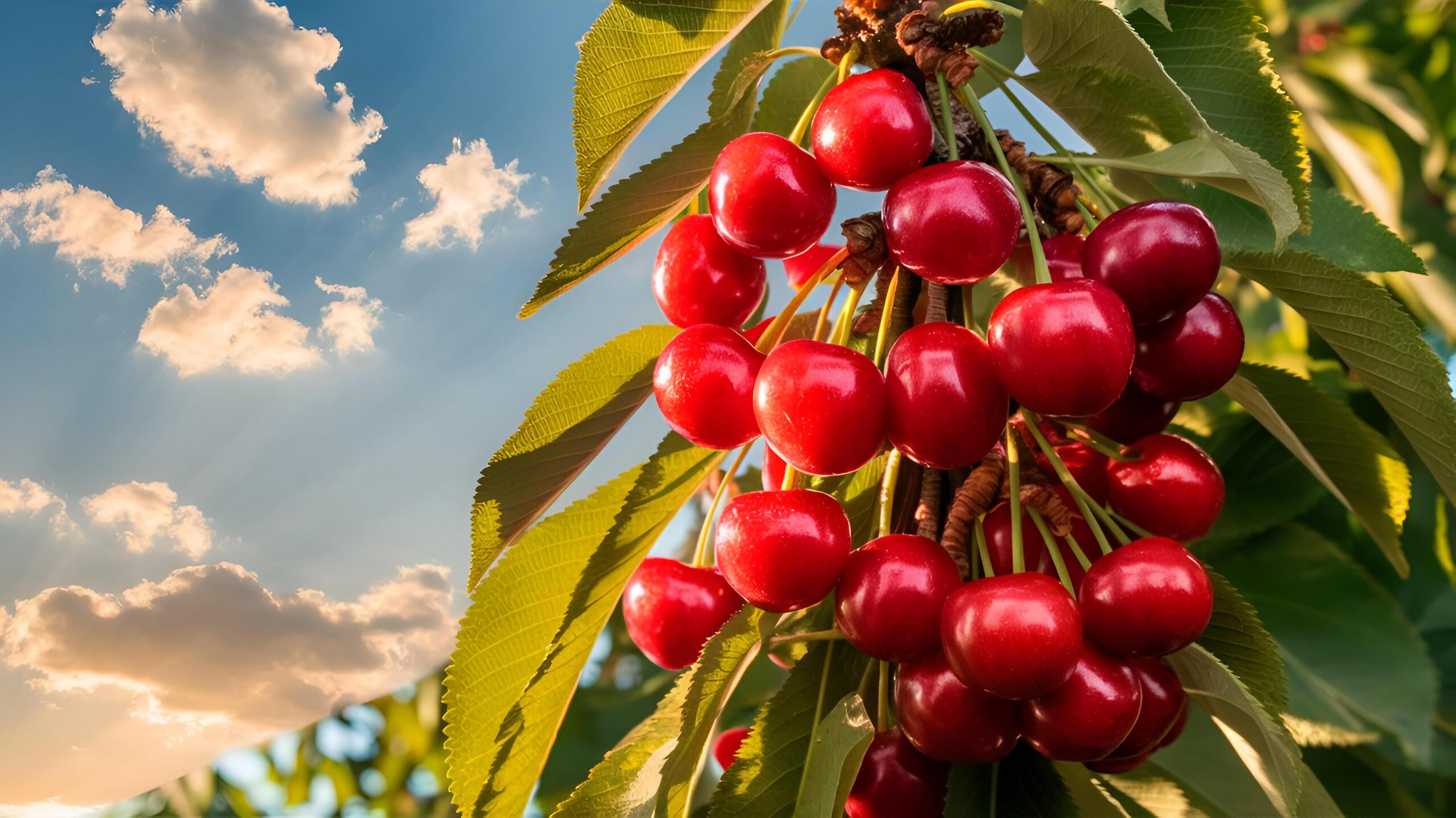 cherries on a tree with a blue sky in the background Stock Free