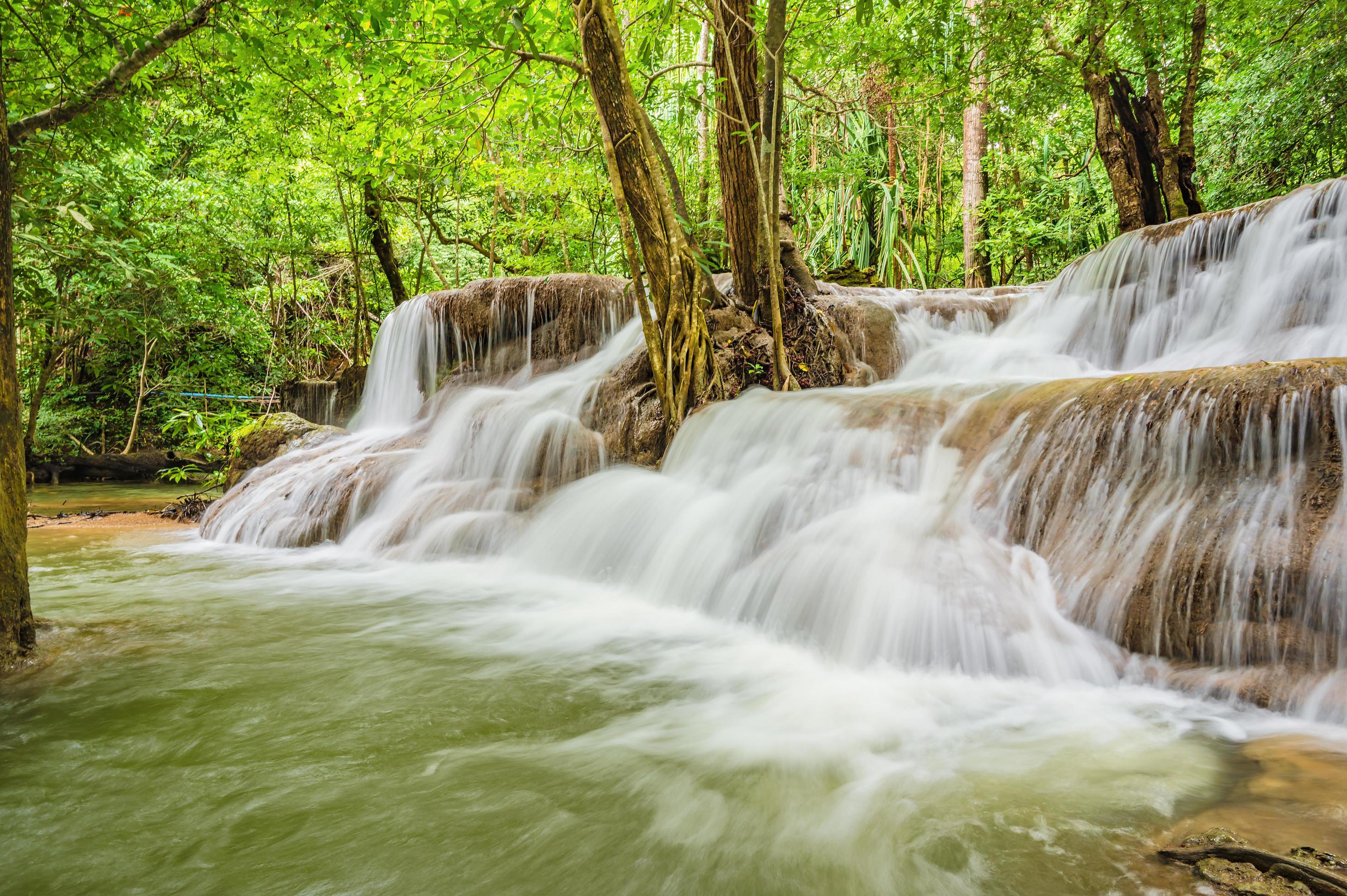 Landscape of Huai mae khamin waterfall Srinakarin national park at Kanchanaburi thailand.Huai mae khamin waterfall sixth floor Dong Phi Sue Stock Free