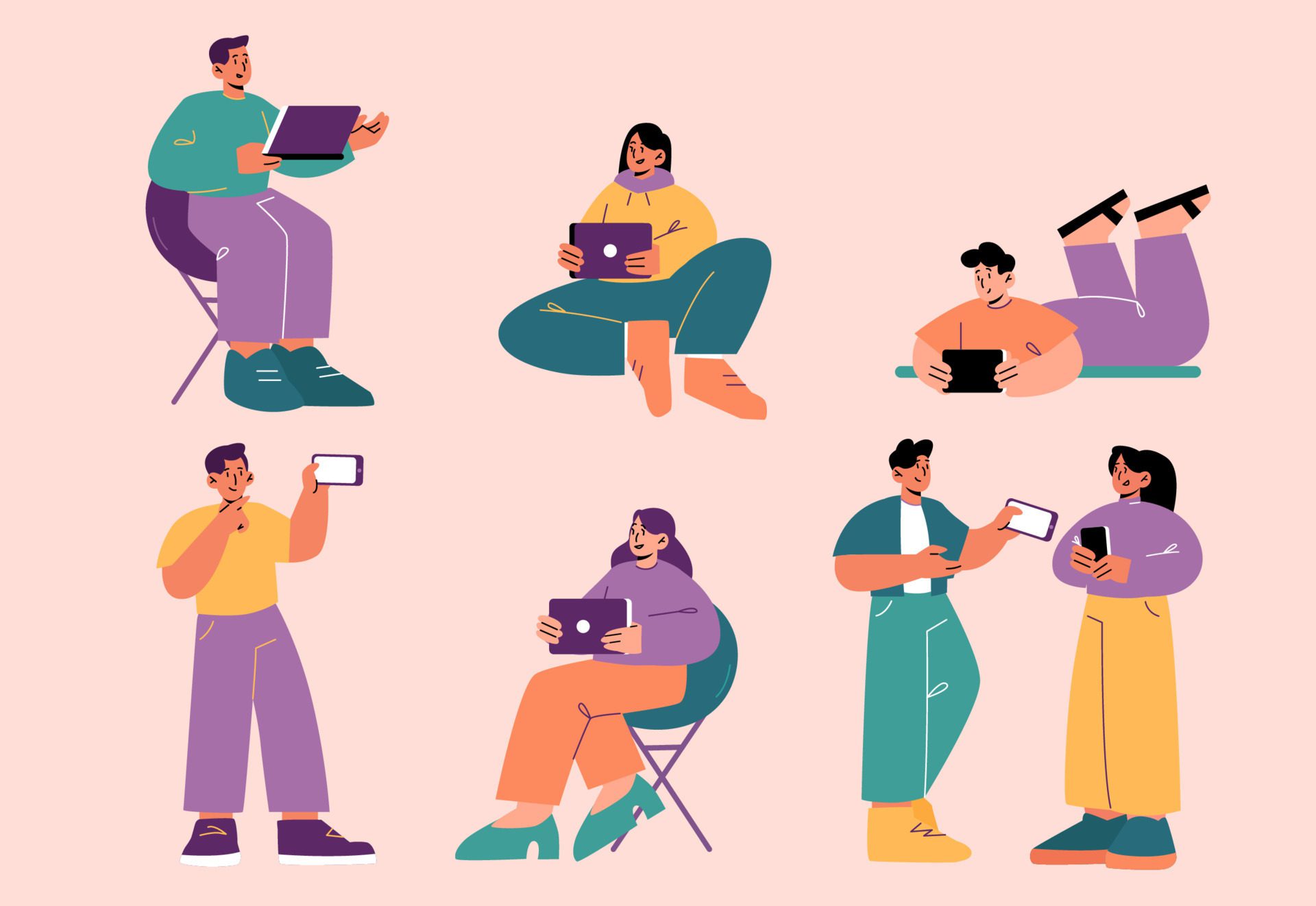 People using mobile phone, tablet and laptop Free Vector