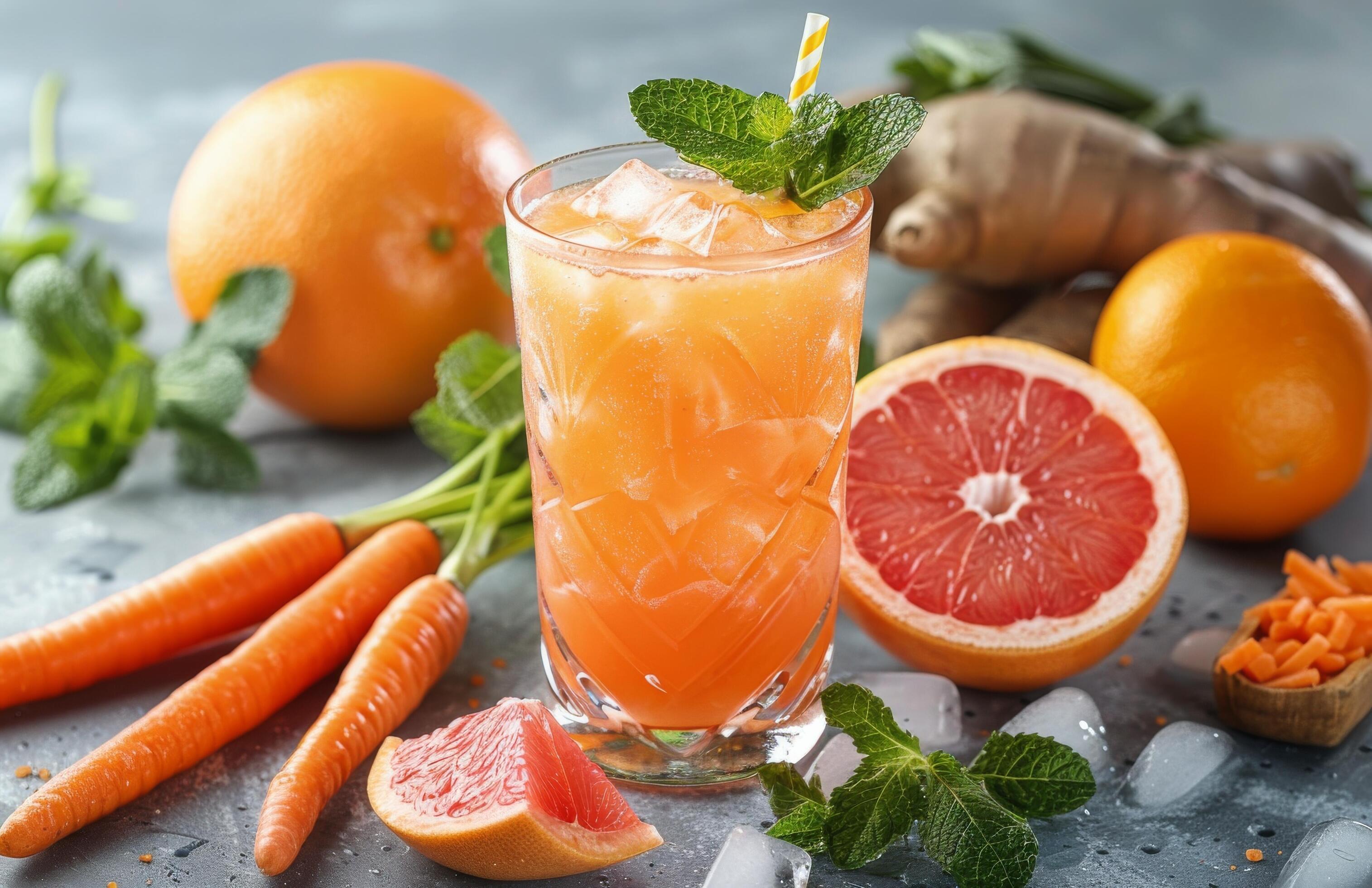 Refreshing Grapefruit, Carrot, and Ginger Juice With Mint Stock Free