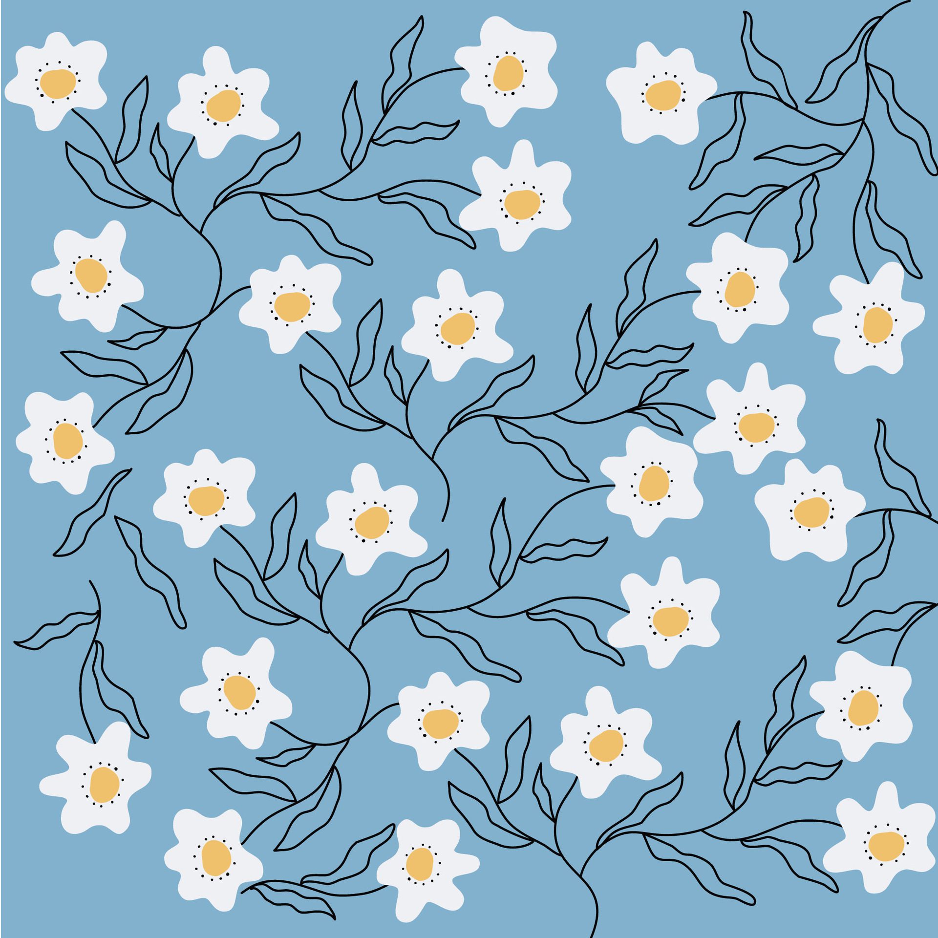 Hand drawn white abstract flowers pattern on blue background for fabric, textile, wallpaper Free Vector