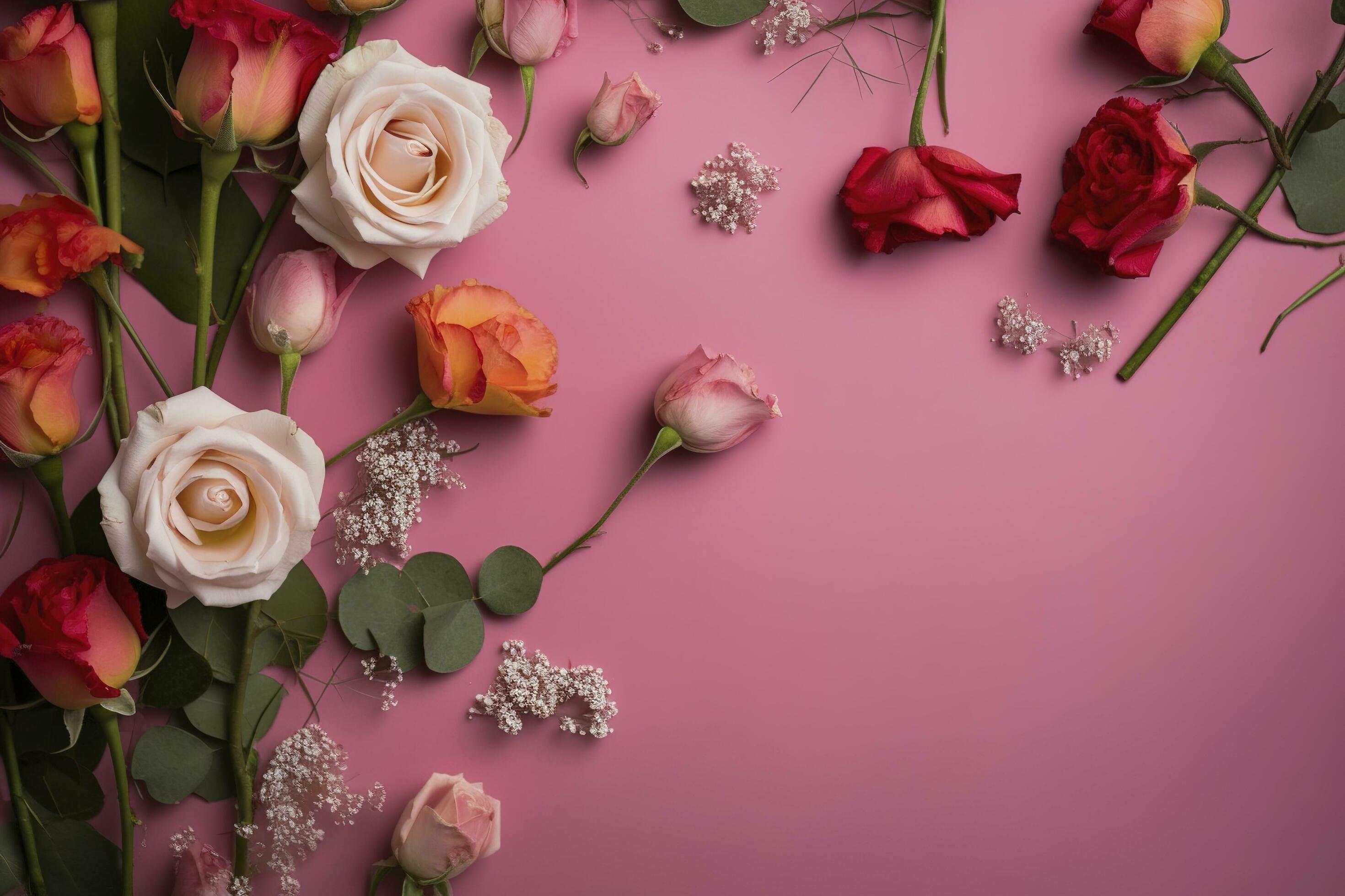 Roses Flower Arrangement, Copy Space, Flat Lay , generate ai Stock Free