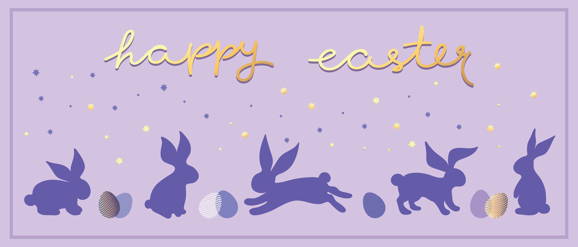 Easter festive banner with rabbit silhouettes, easter eggs and stars. Decorated with handwritten phrase Happy Easter. illustration Free Vector