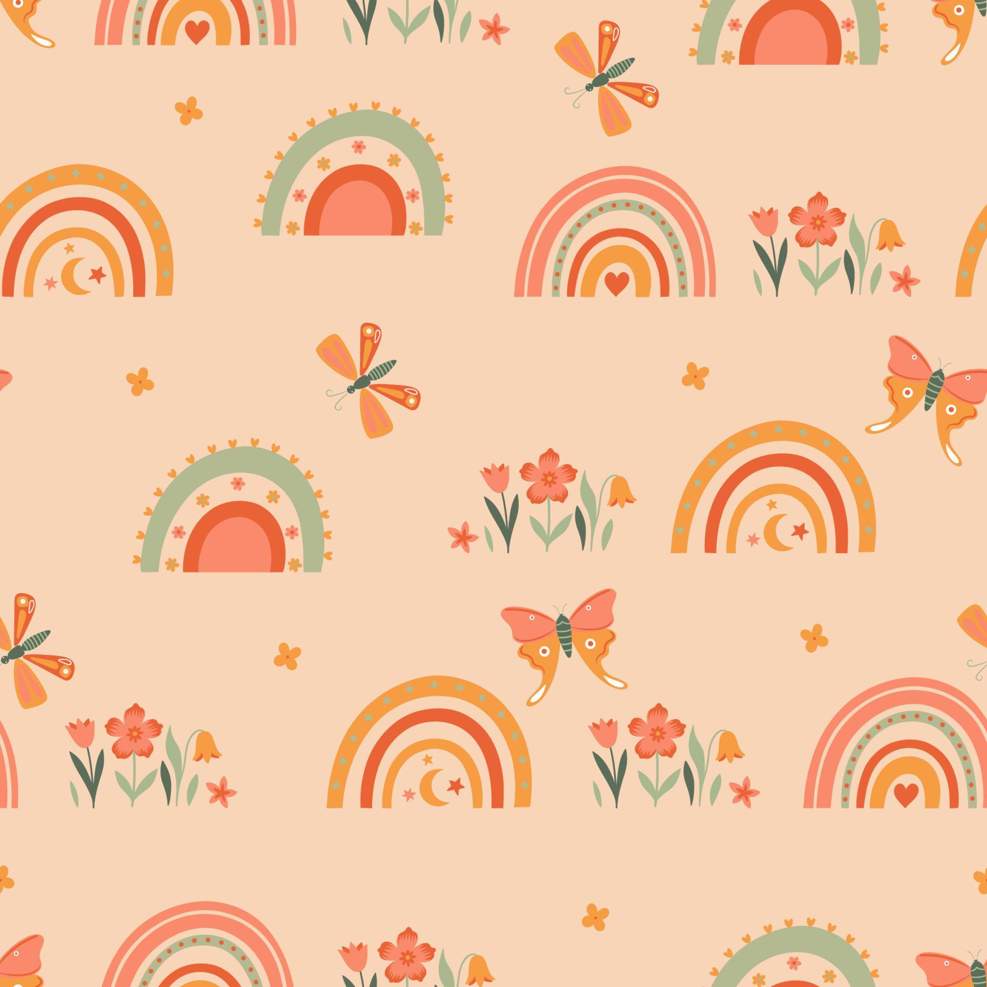 Seamless pattern in boho style with rainbows, flowers and butterflies. Vector graphics. Stock Free