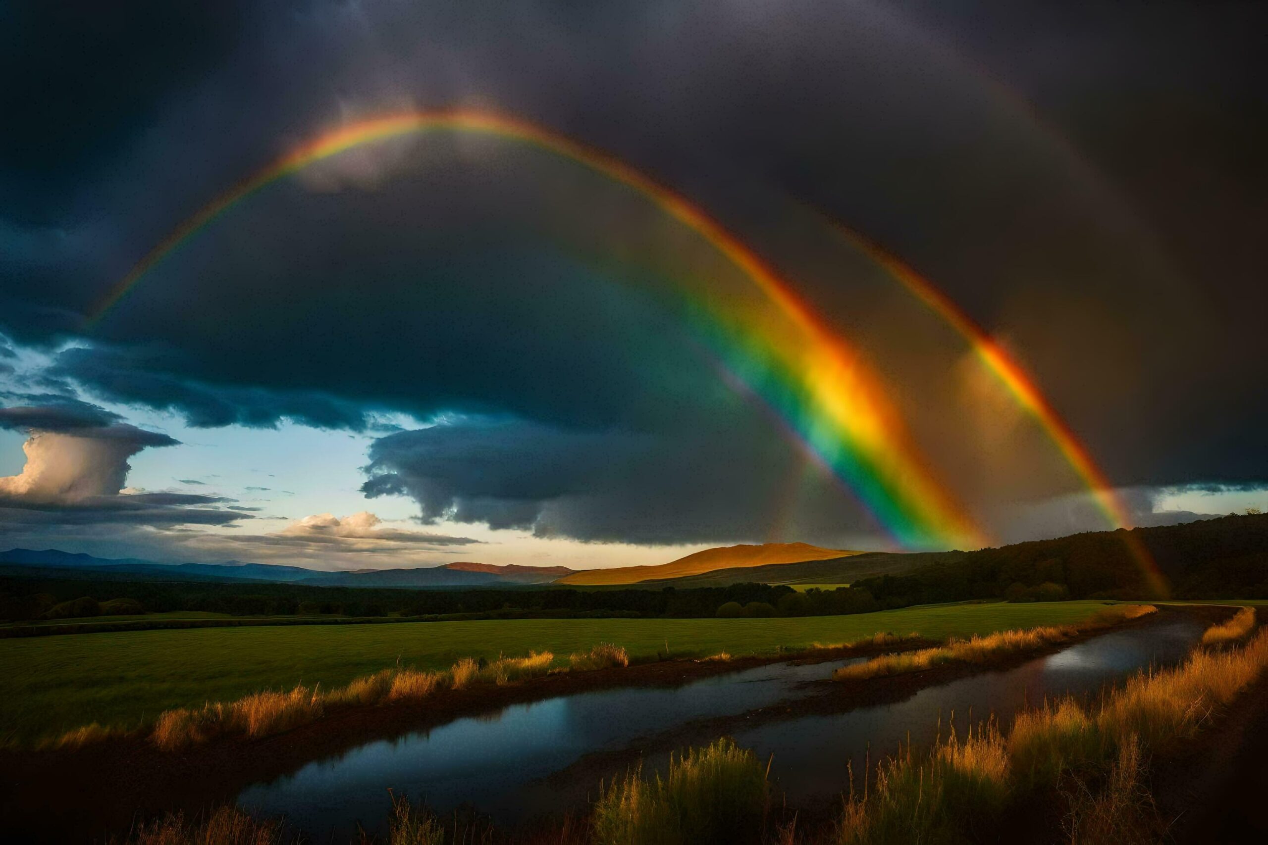 a rainbow appears over a field with water and grass Free Photo