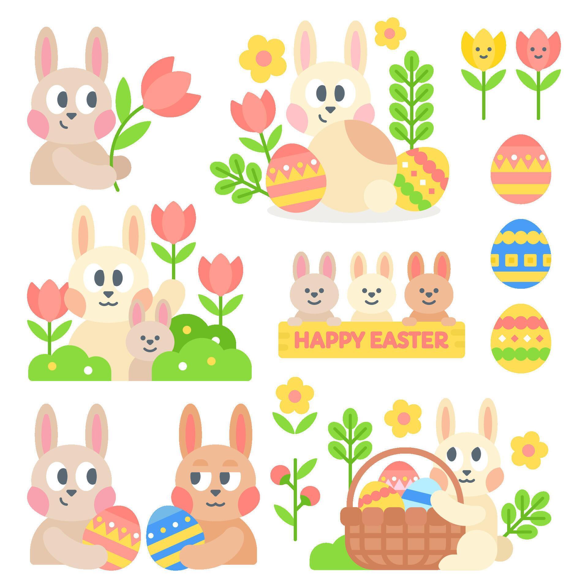 Easter bunny with tulip flowers and easter eggs illustration Stock Free