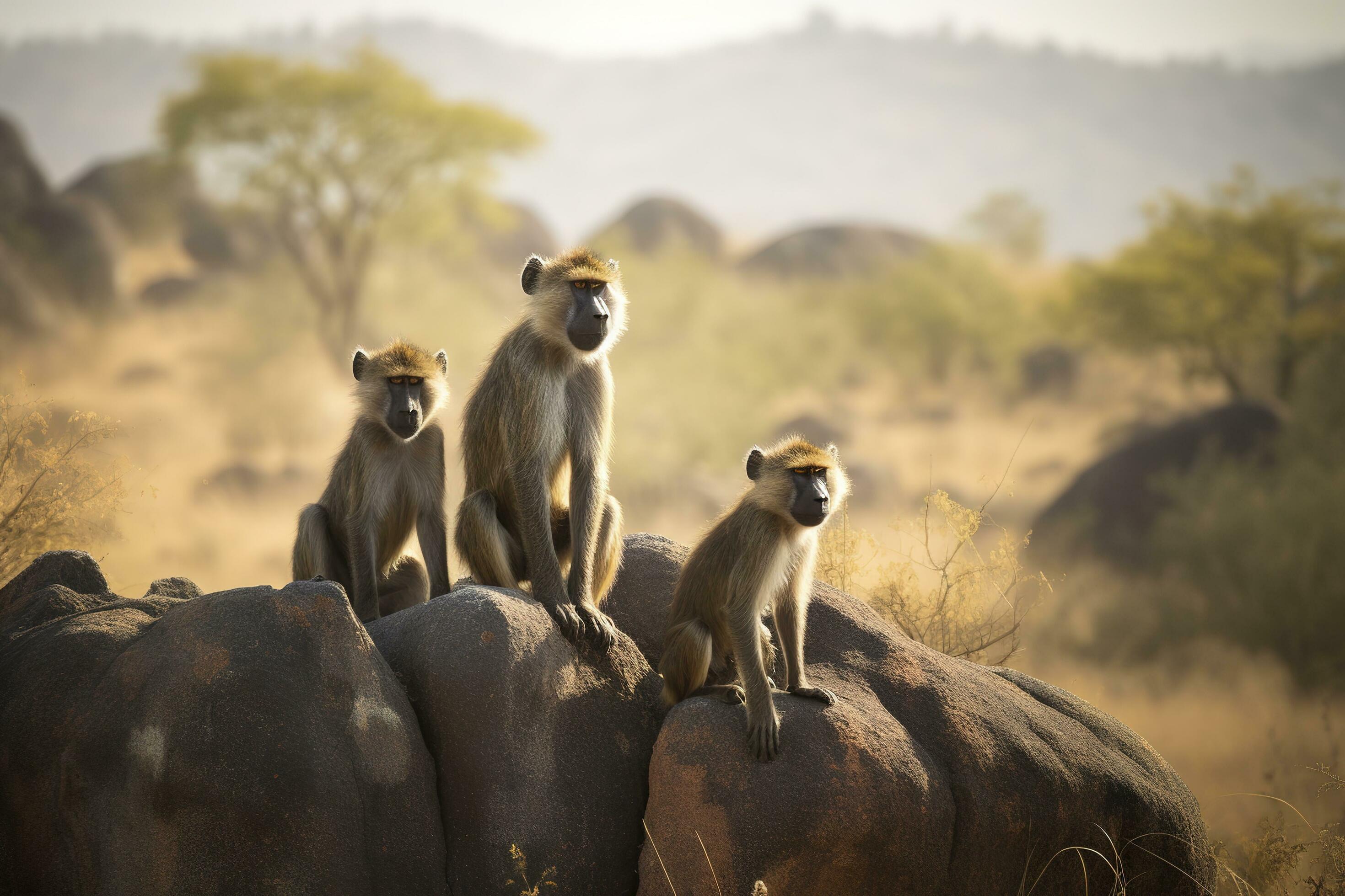 A family of baboons perched on a rocky outcropping in a savanna landscape, generate ai Stock Free