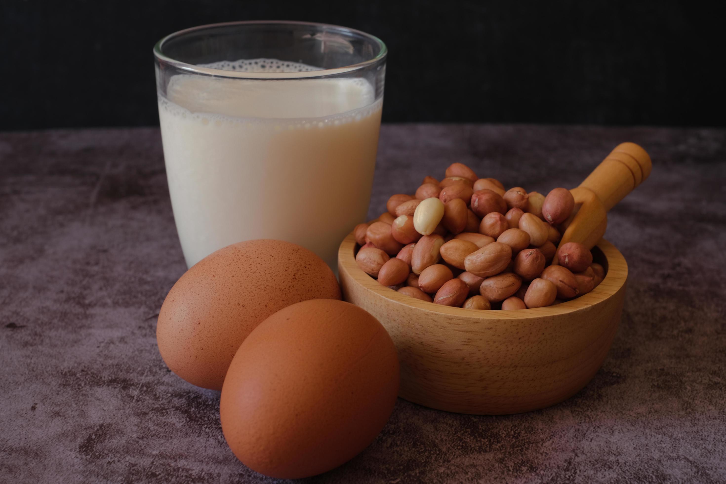 Protein food group. Raw Groundnuts in the wooden bowl, chicken egg and a glass of milk on cement background. healthy food. Stock Free