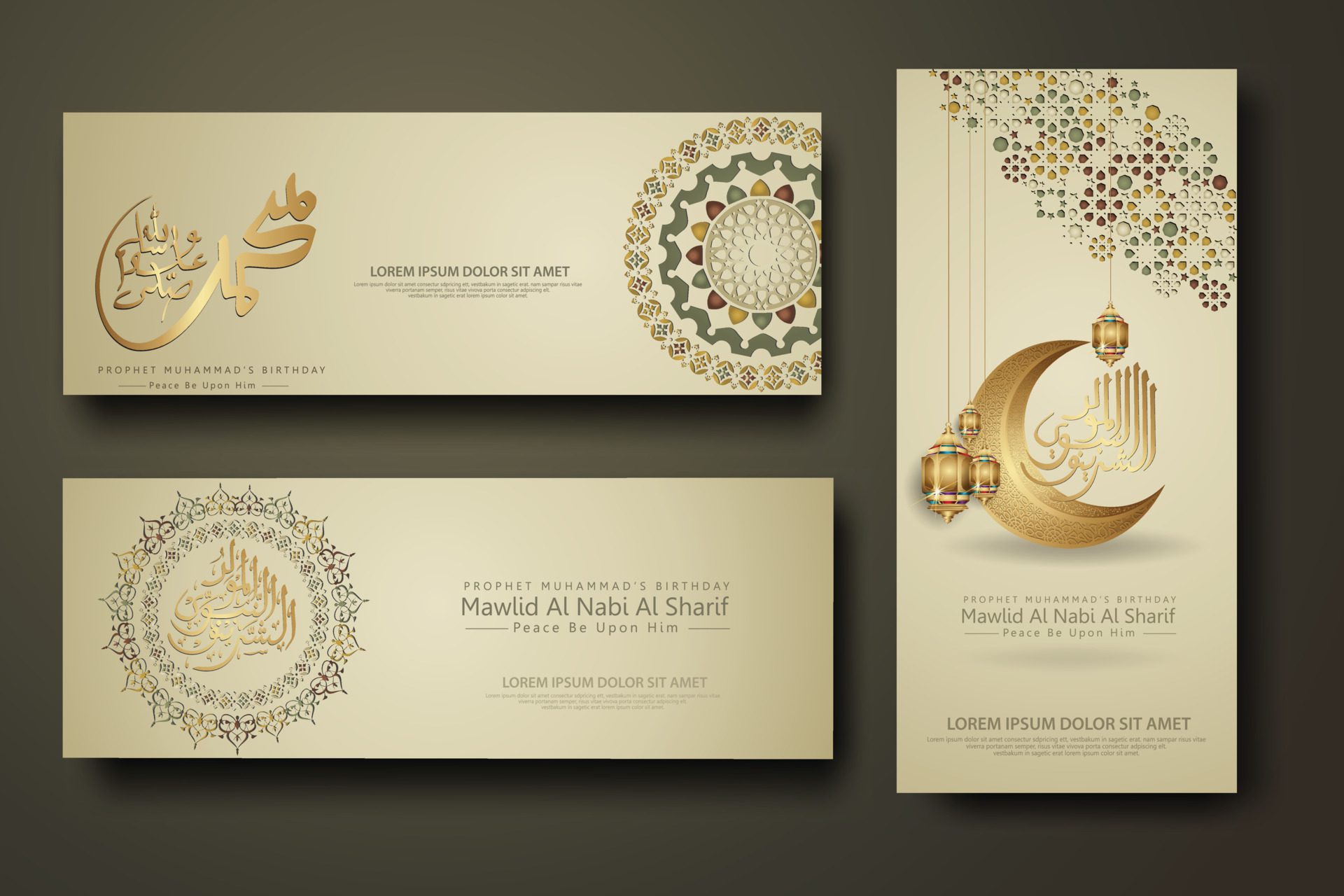 Prophet Muhammad in arabic calligraphy, set banner template Free Vector