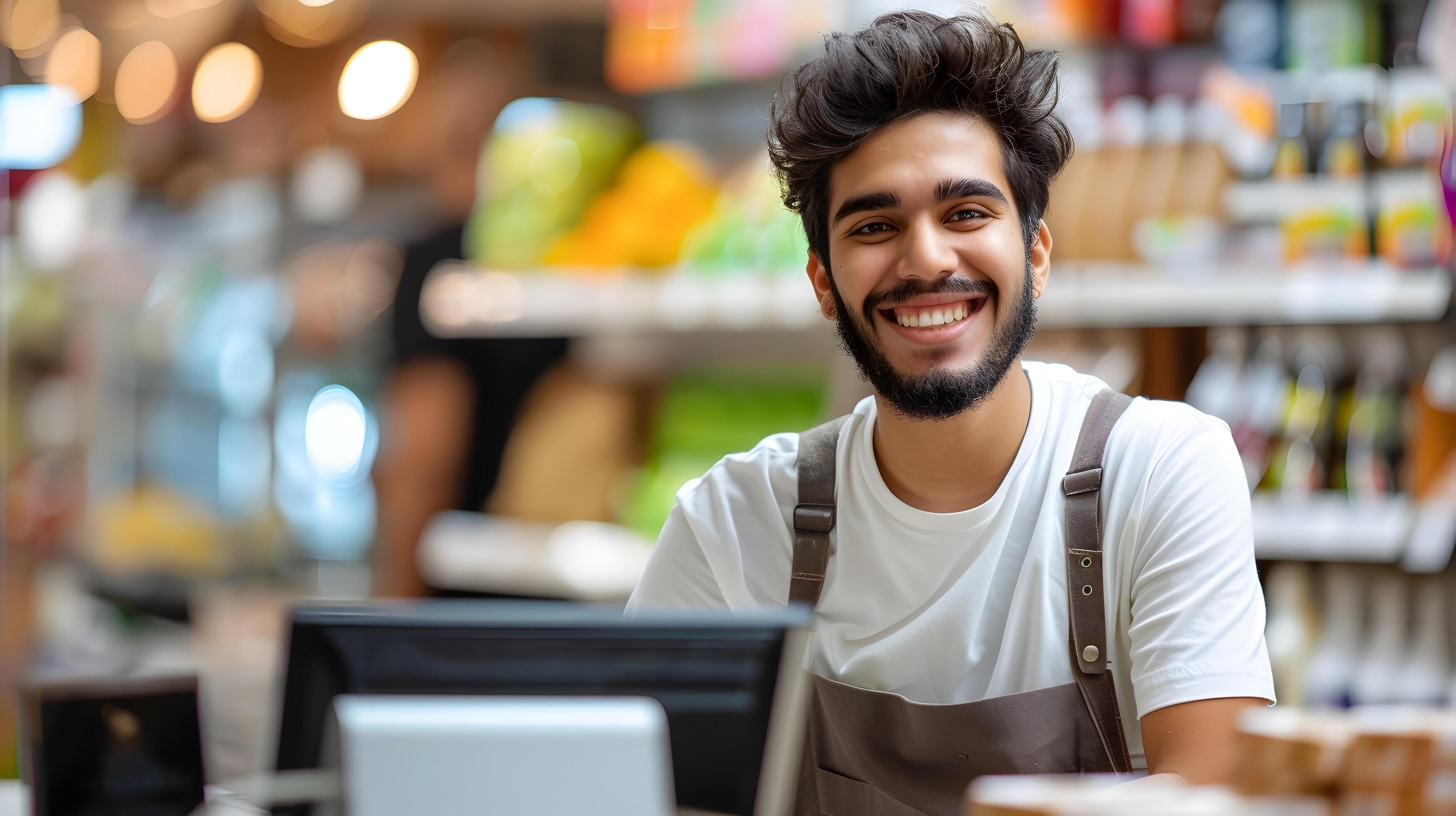 Friendly Young Retail Employee Assisting Customers in Grocery Store Stock Free