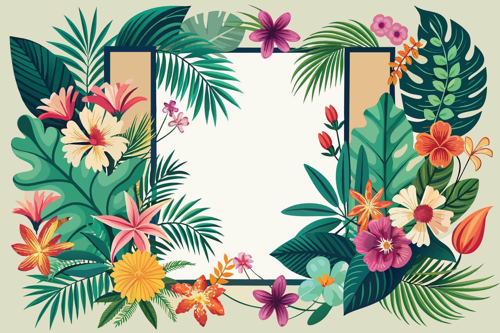 Tropical background with exotic flowers and leaves. Vector illustration. Stock Free