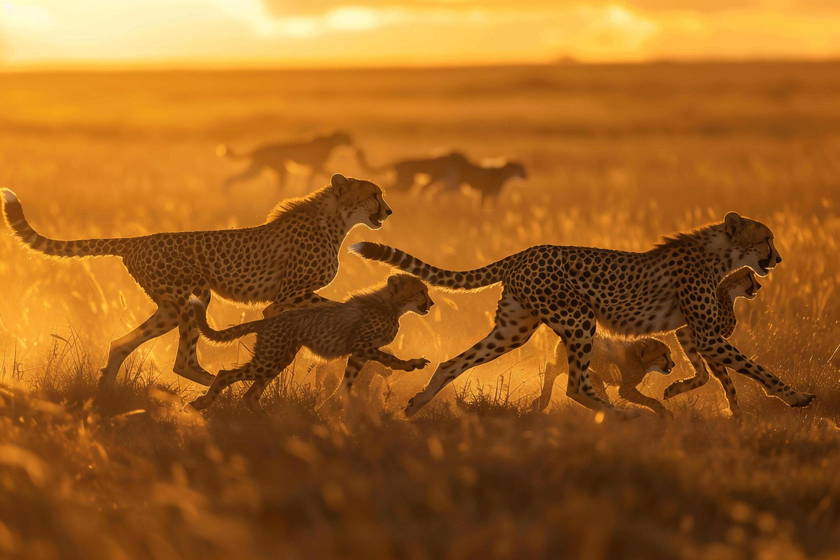 Family of Cheetahs Sprinting Across the Savannah During Golden Hour Background Stock Free