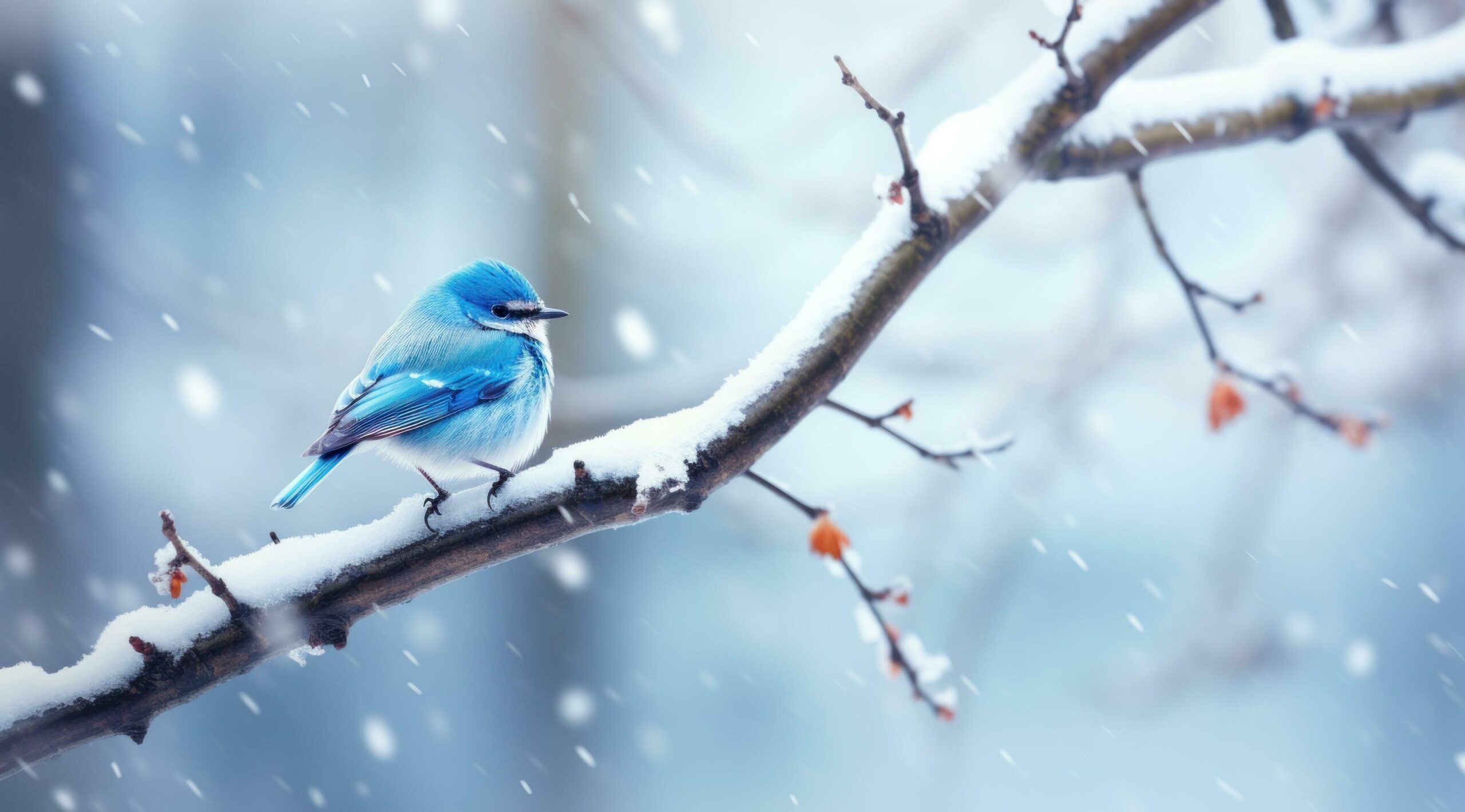 a small blue bird standing on the branch in a snowy snowy scene, Free Photo