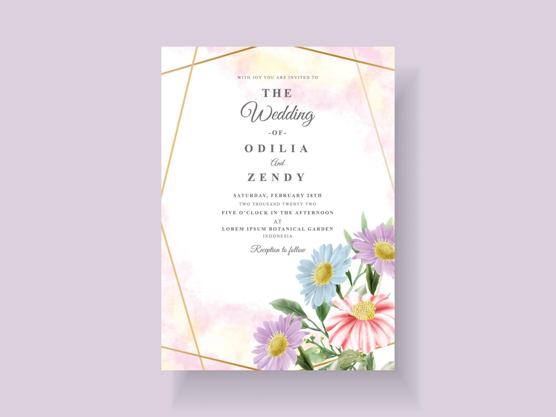 Wedding invitation card with beautiful flower and leaves watercolor Stock Free