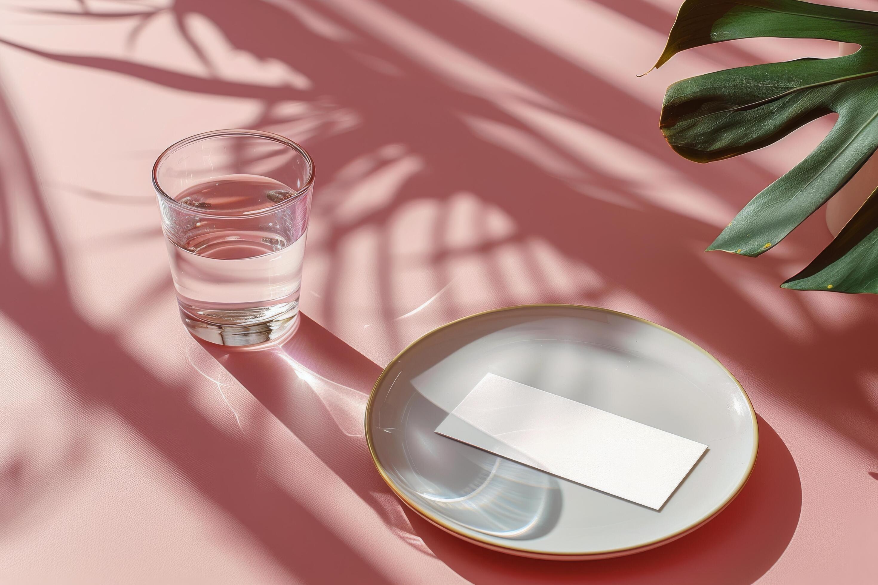 Glass of Water and White Card on Plate With Palm Leaf Shadows Stock Free