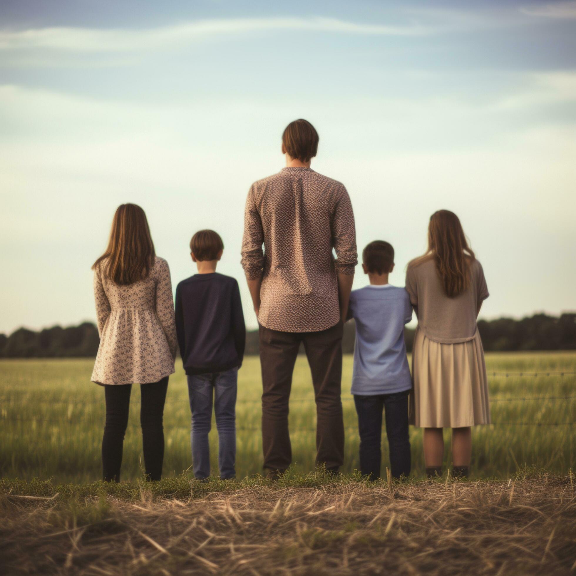 Family of Dad and Four Children Standing in Field, Looking into the Distance Stock Free