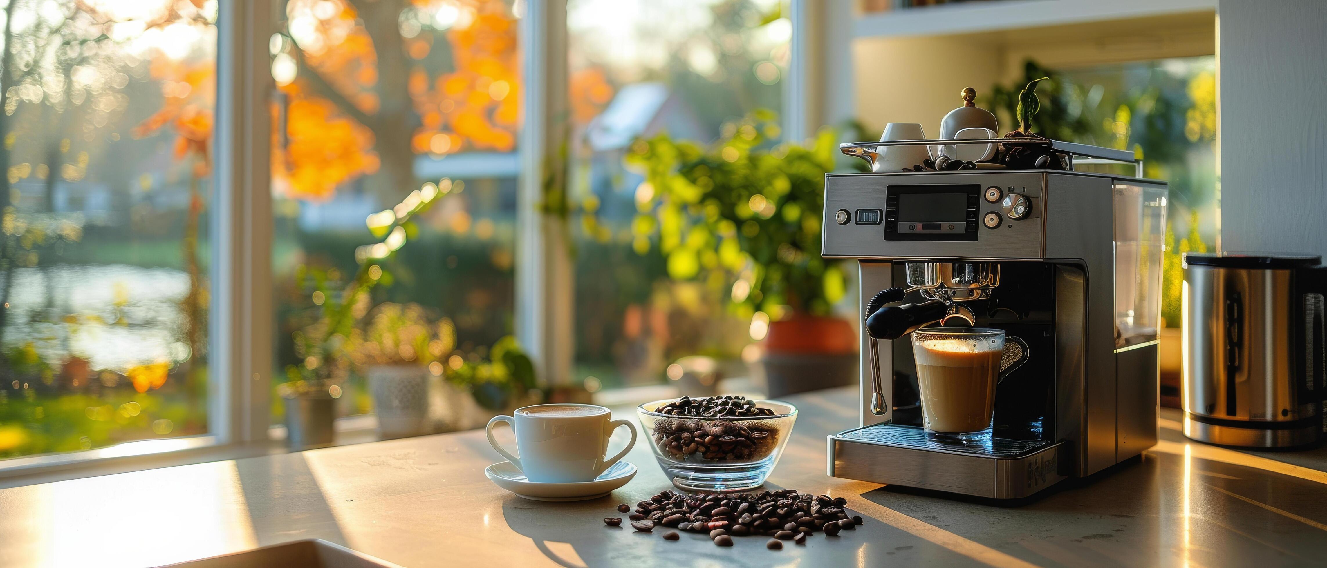 Coffee Machine Making Espresso On Kitchen Counter Near Window Stock Free