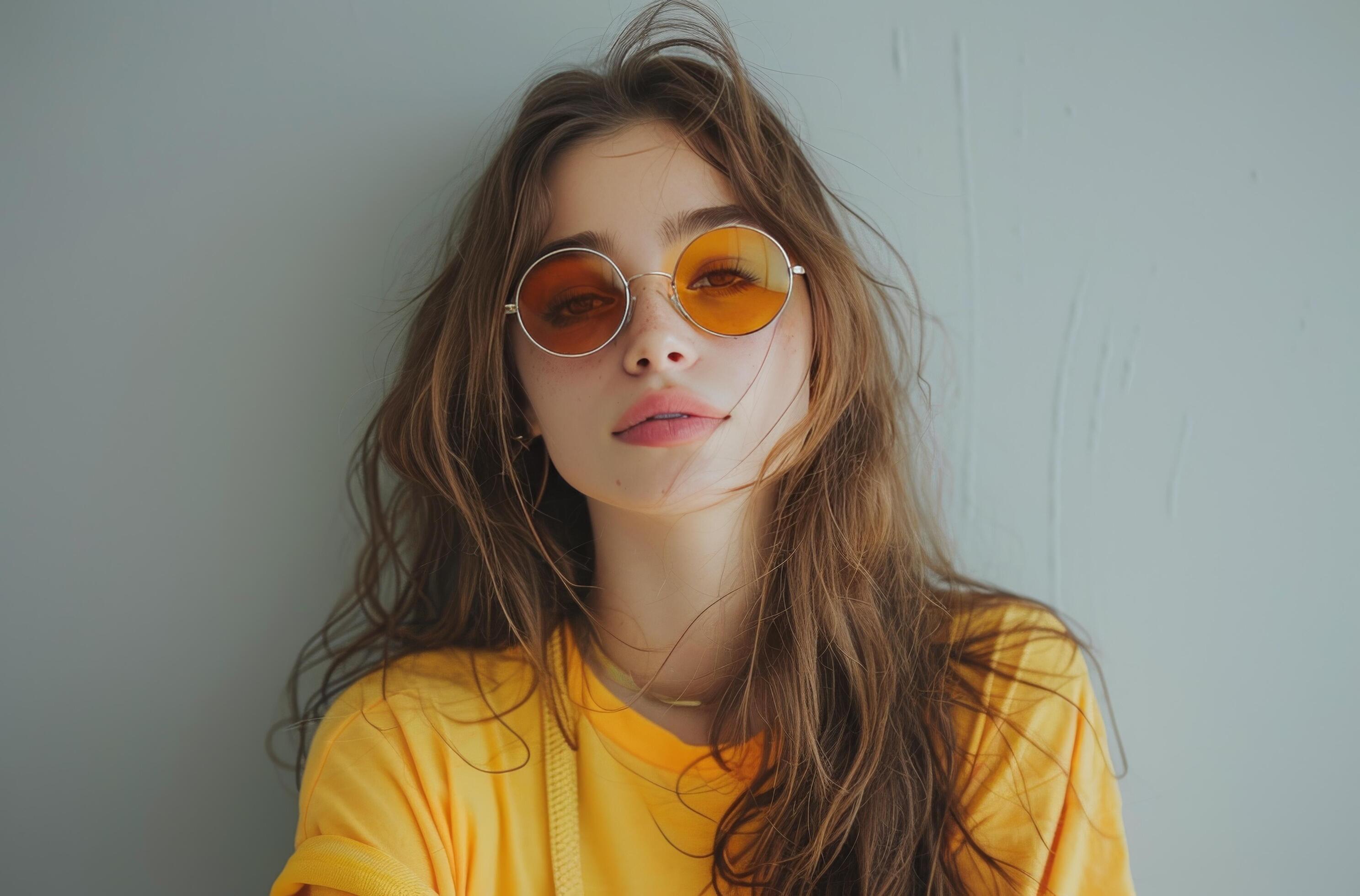 Woman Wearing Sunglasses Against Grey Wall Stock Free