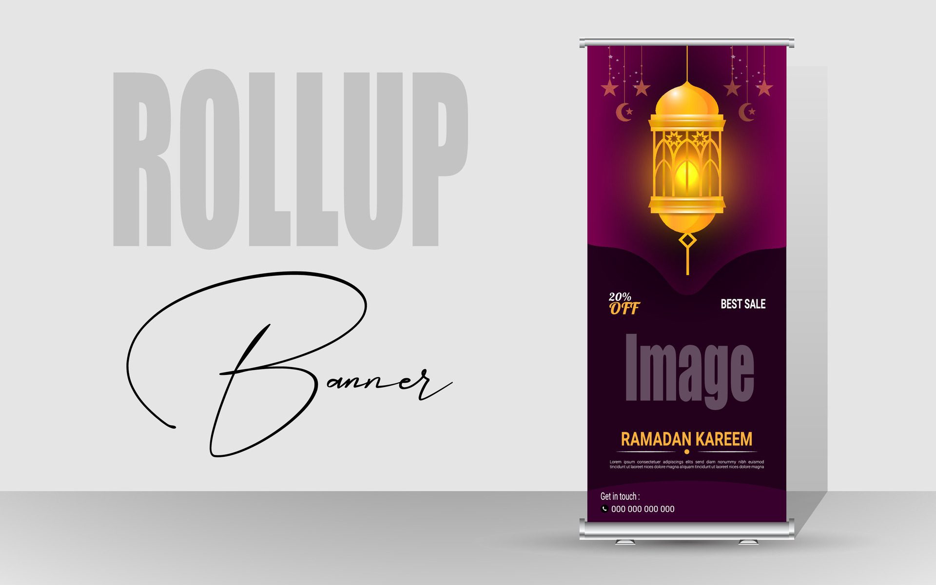 Roll up banner with a happy Ramadan design. unique meal banner for Ramadan. Rollup template for food menus. Free Vector