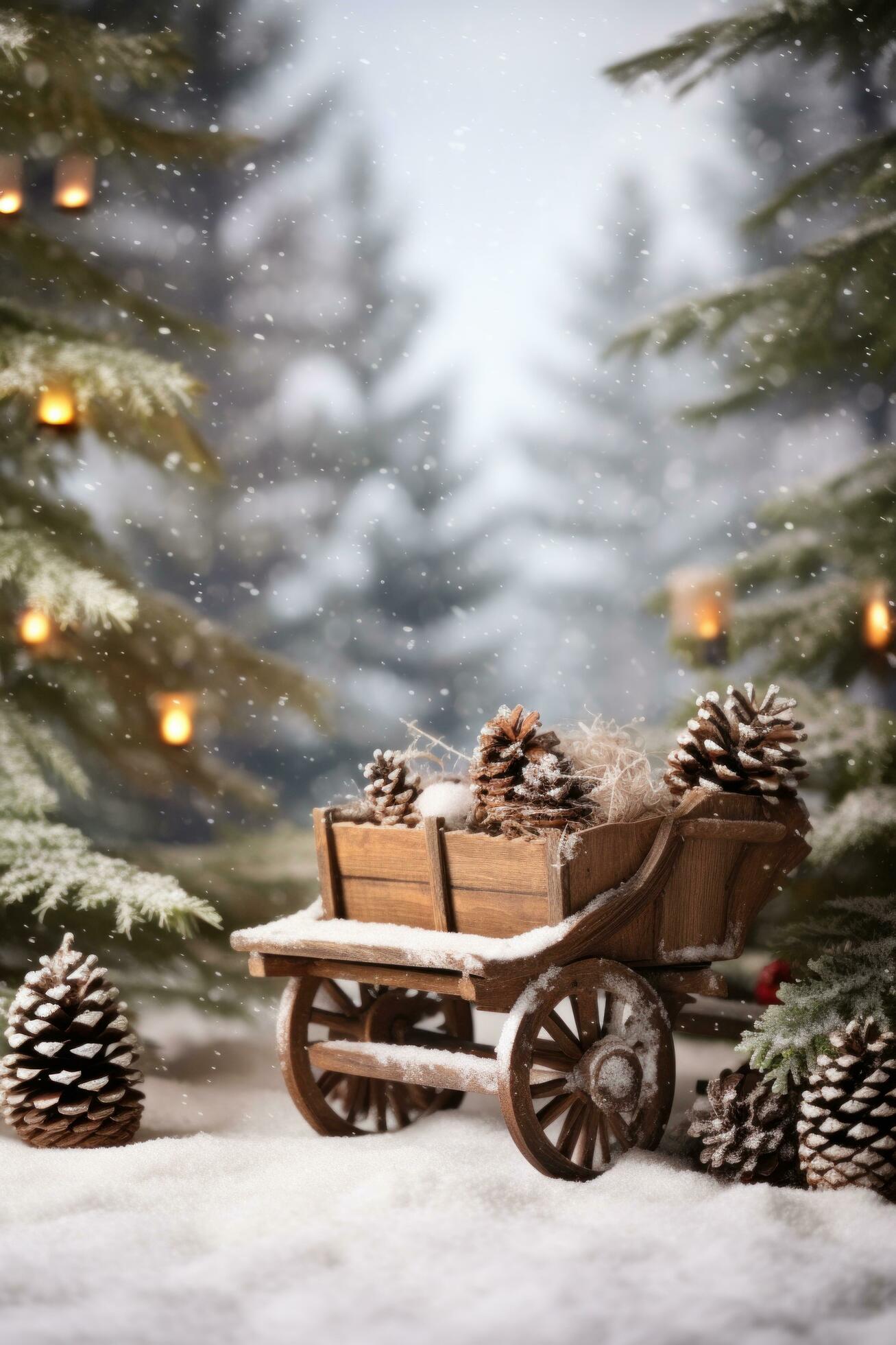 A rustic Christmas scene with a wooden sled, pine cones, and evergreen branches Free Photo