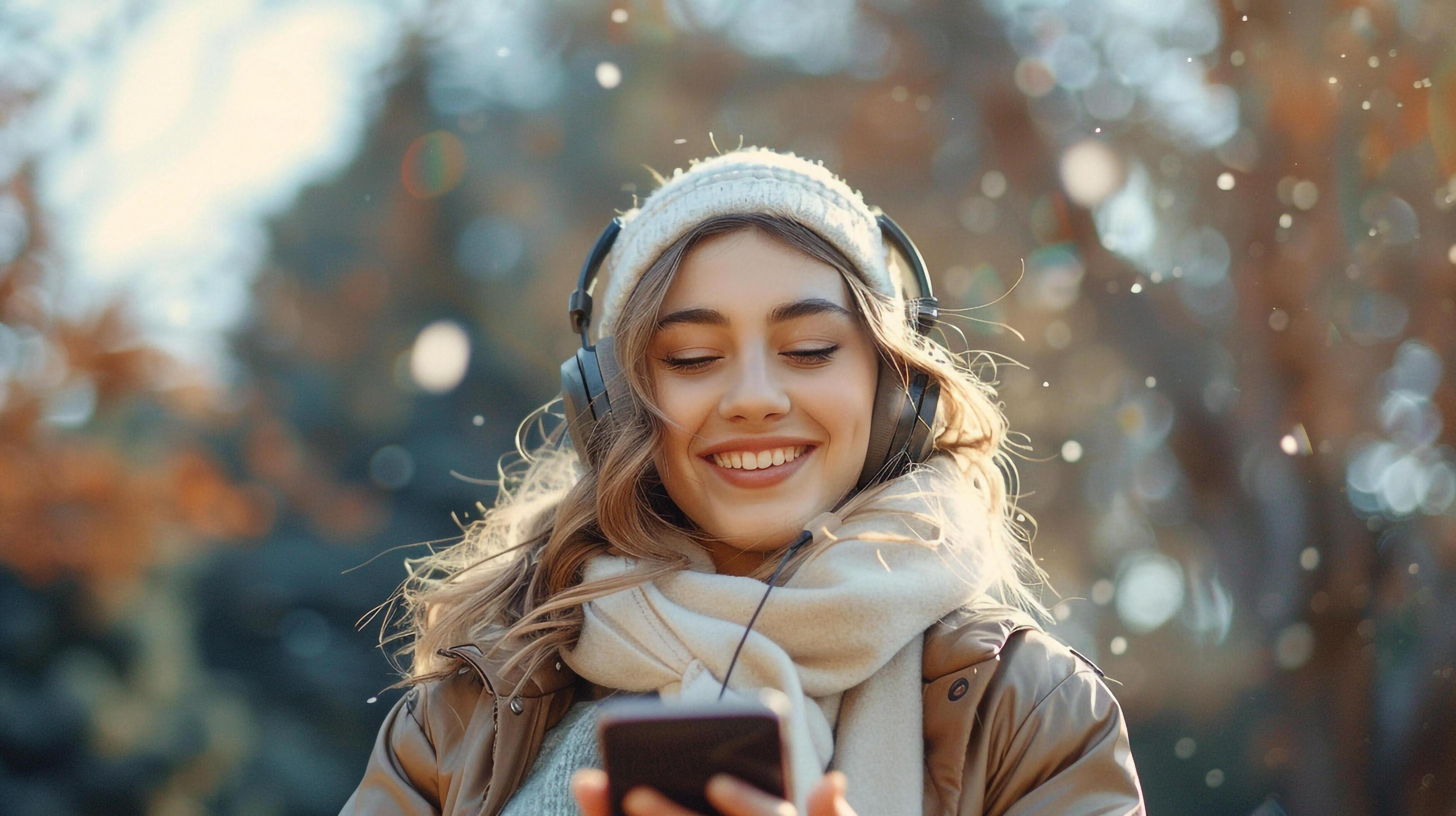 Woman in headscarf with headphones viewing cellphone Stock Free