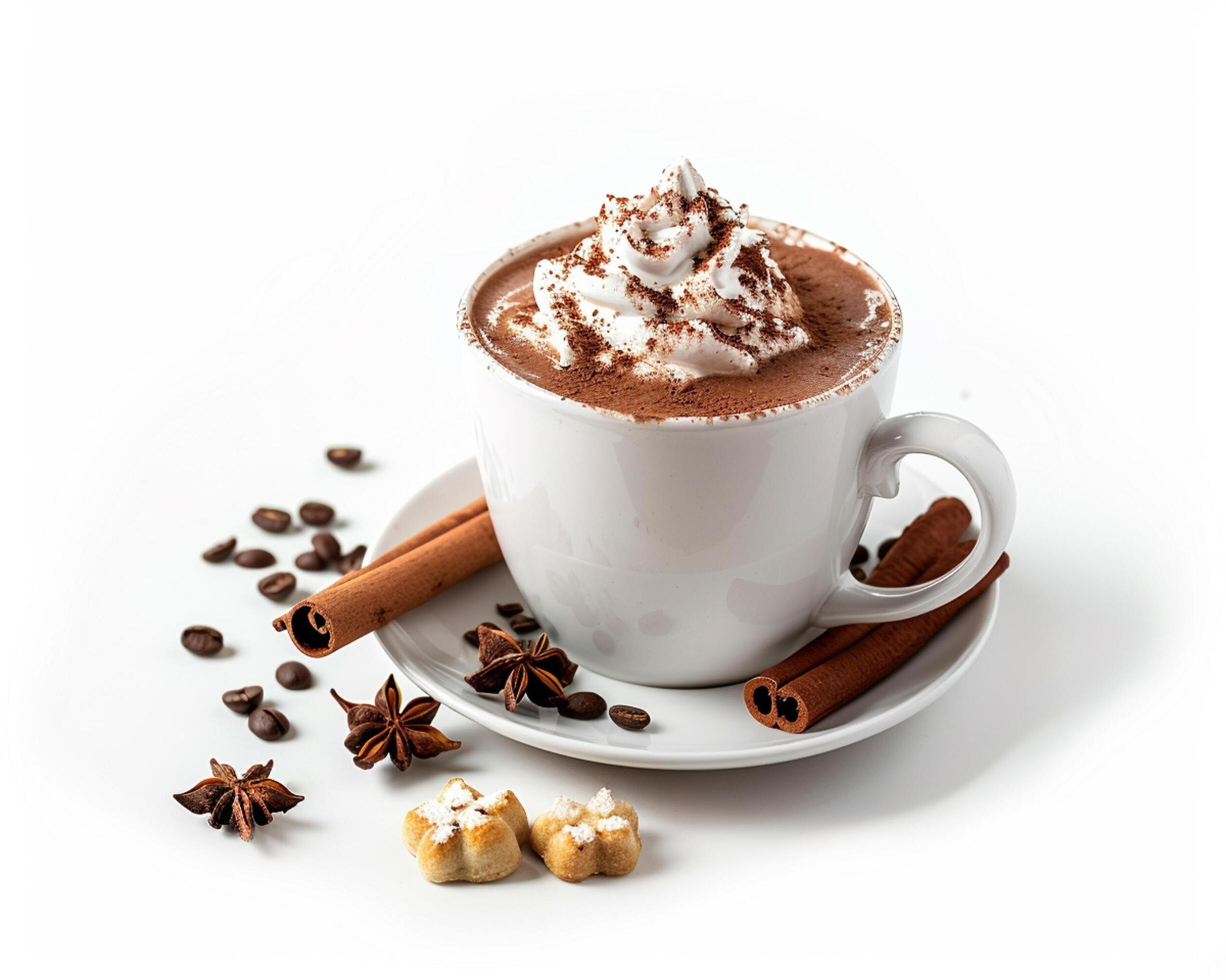 hot chocolate with whipped cream and cinnamon on a white background Stock Free