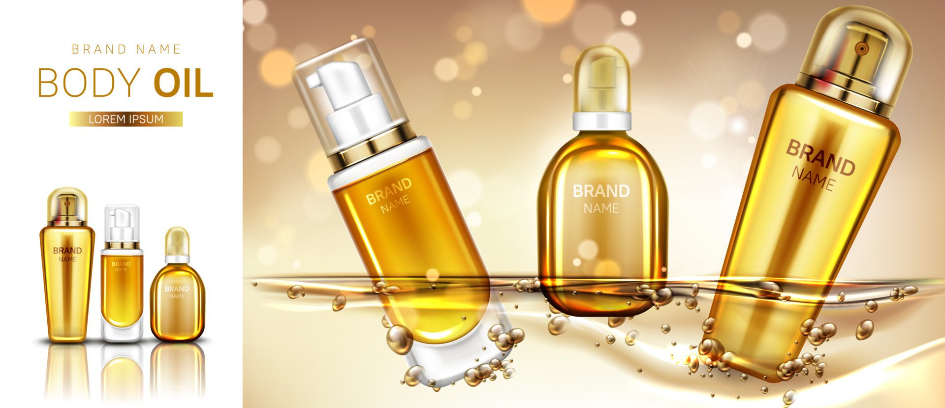 Body oil cosmetics product bottles mockup banner. Free Vector