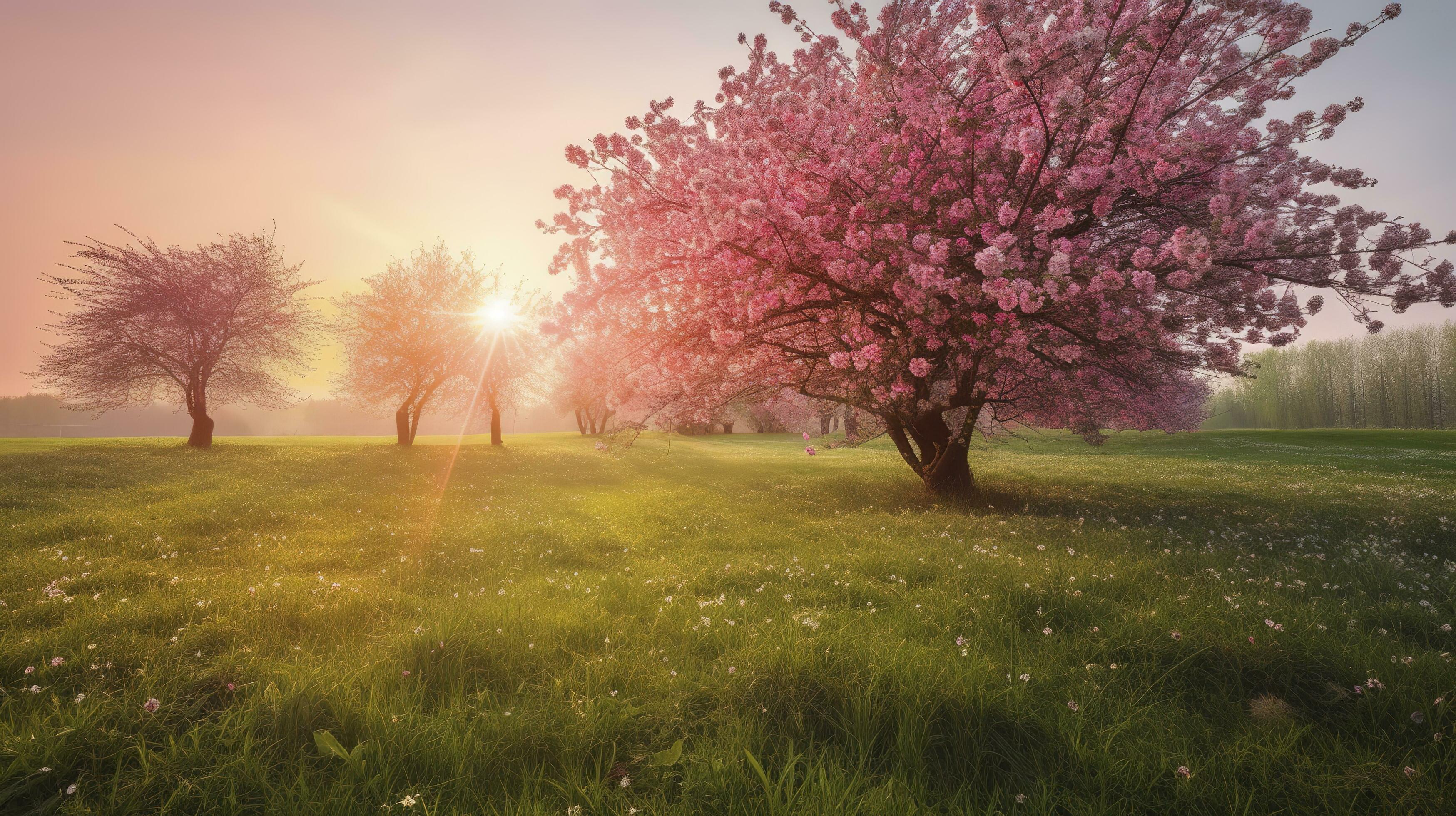 Cherry flowers garden illuminated with sunrise beams, generate ai Stock Free