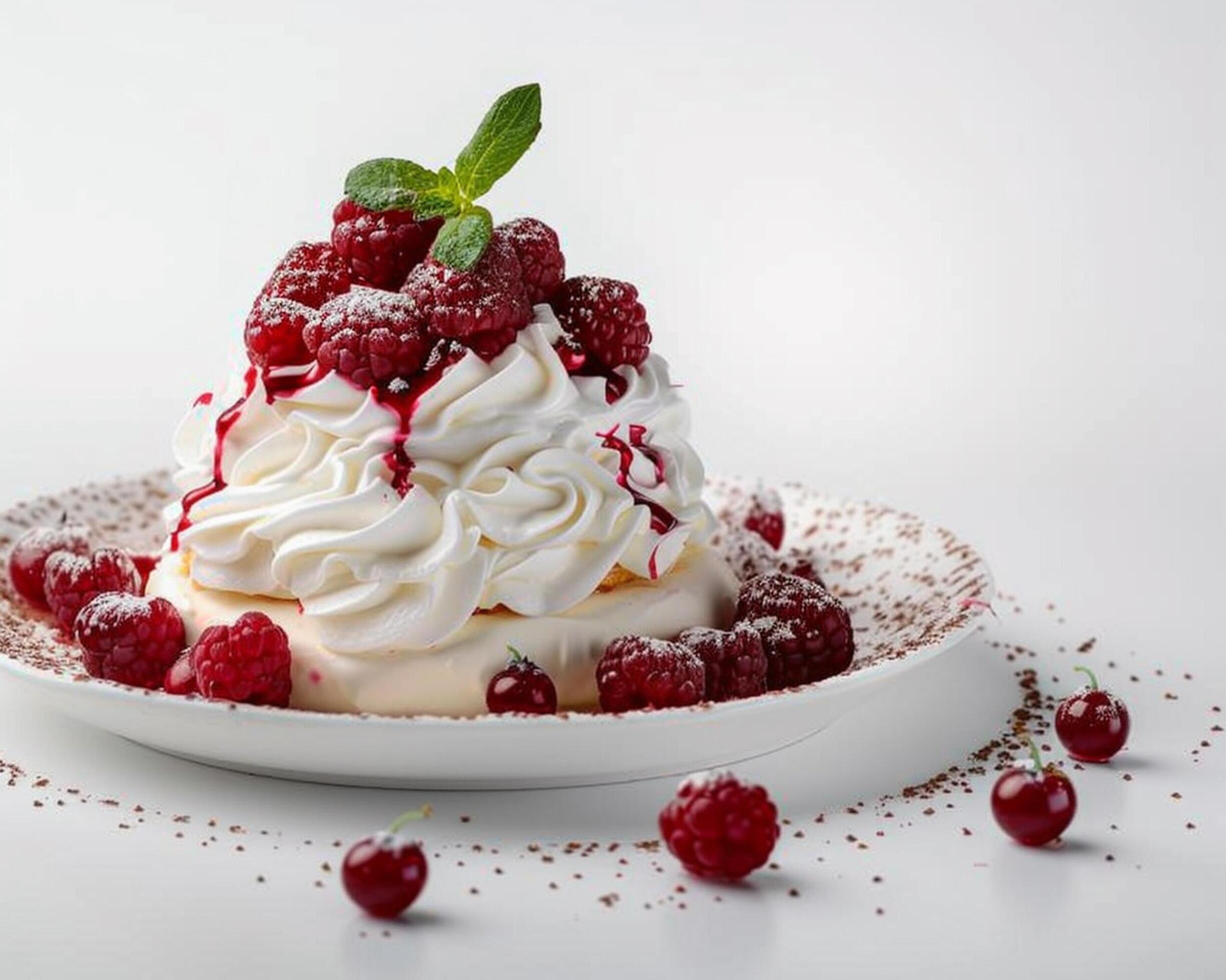 a dessert with whipped cream and raspberries Stock Free