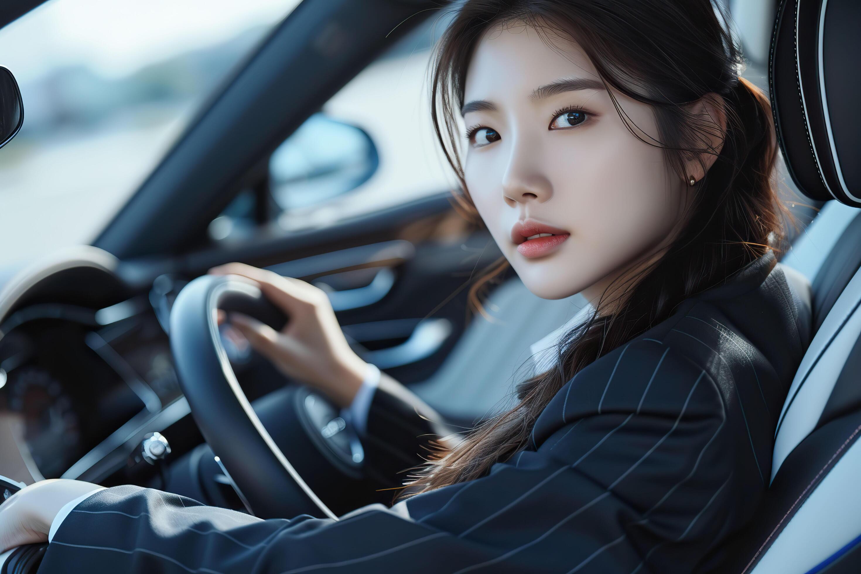 Beautiful young Korean businesswoman driving a car. Stock Free