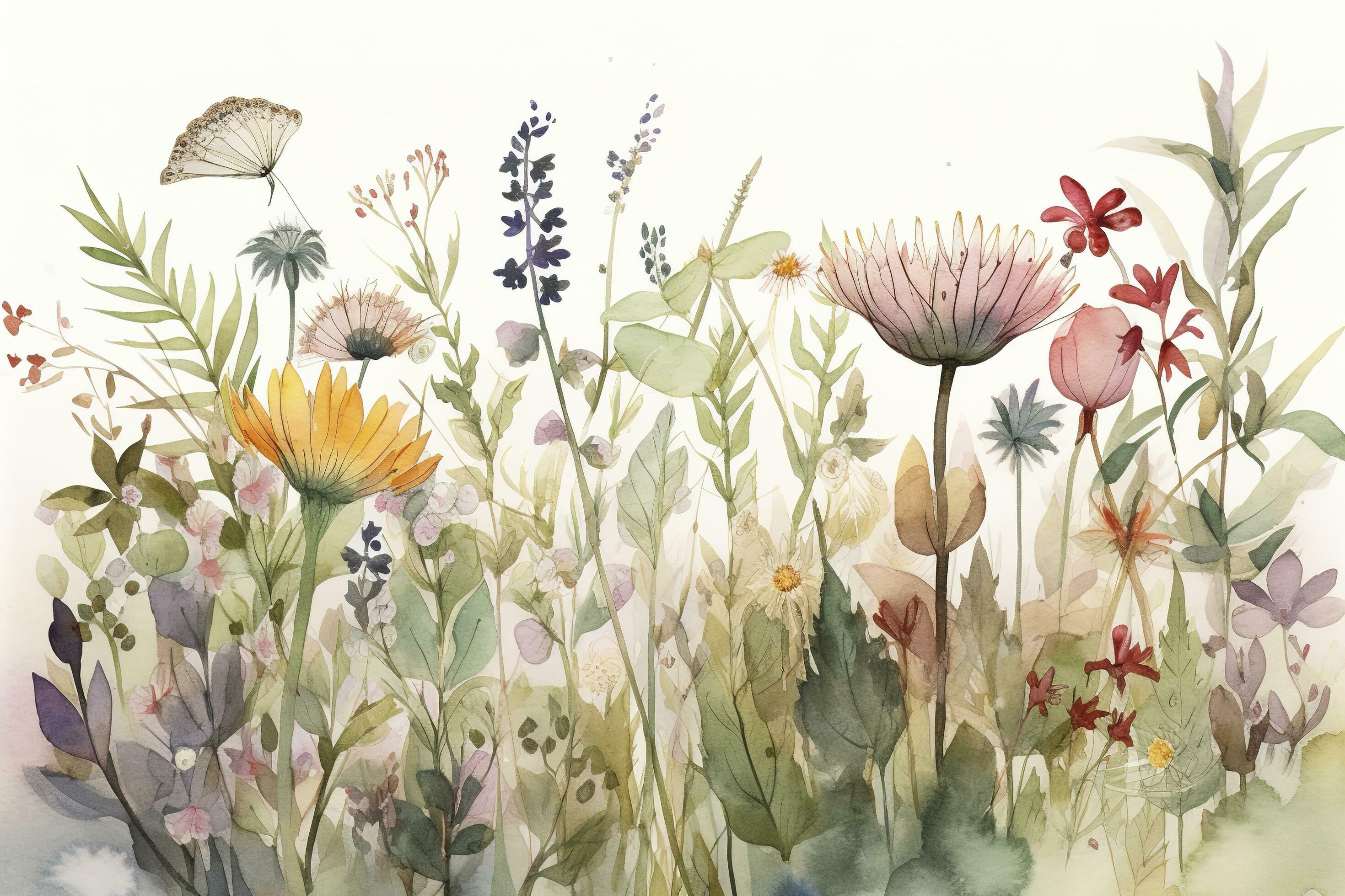 Floral border. The watercolor illustration features assorted wildflowers, grass, and greenery. a colorful flower painting. Botanical frame, generate ai Stock Free